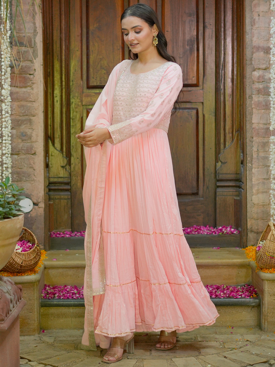 Libas Art Peach Embroidered Cotton Blend A-Line Kurta With Sharara & Dupatta