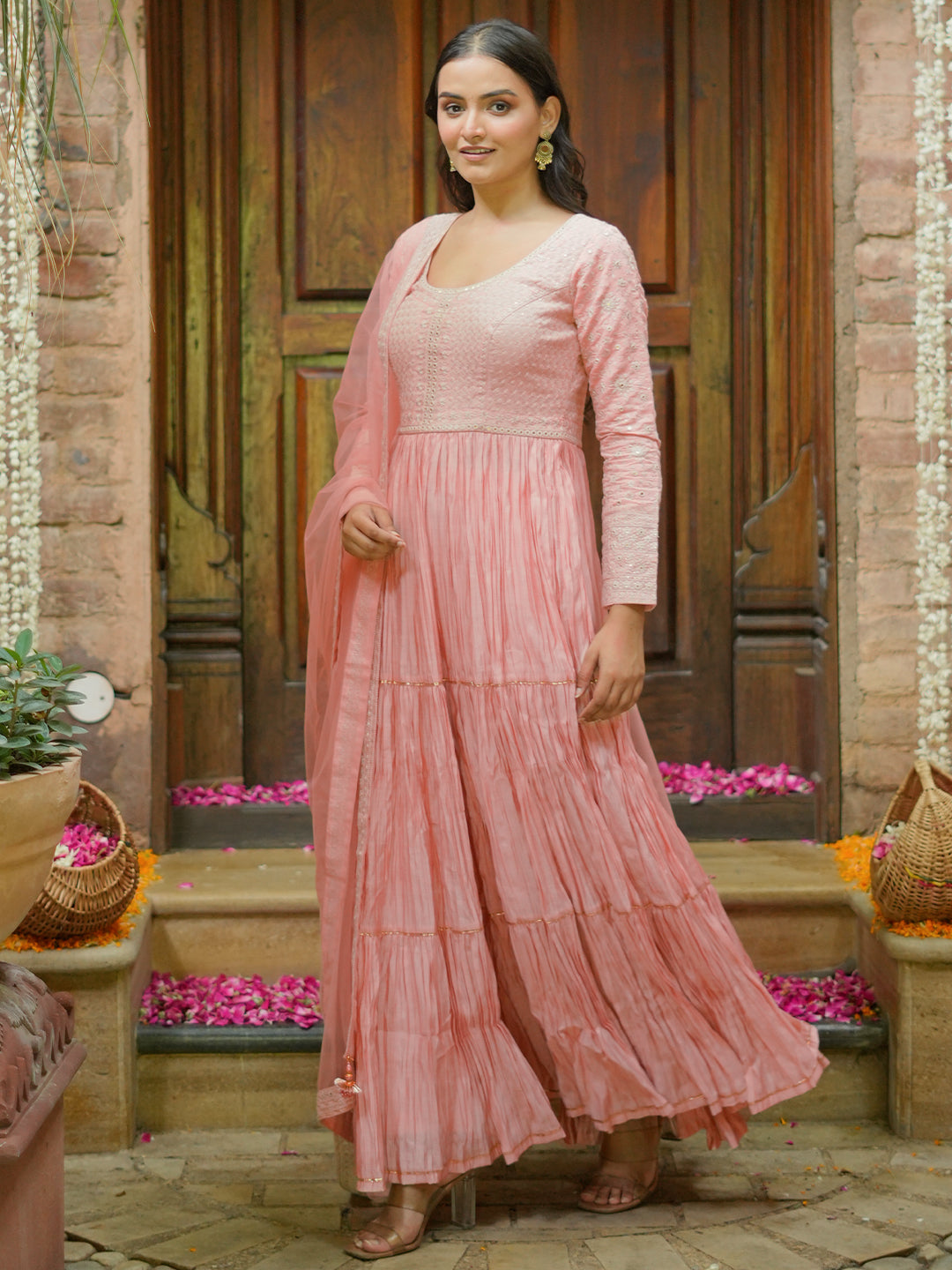 Libas Art Peach Embroidered Cotton Blend A-Line Kurta With Trousers & Dupatta