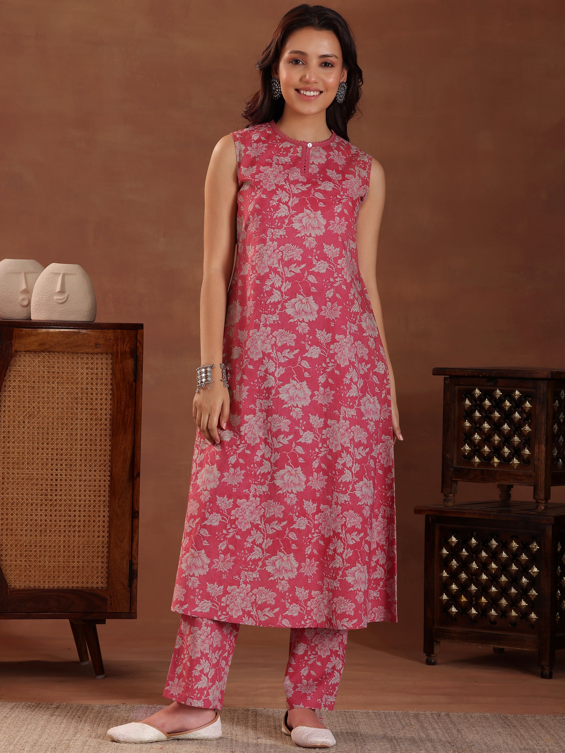 Pink Printed Pure Cotton A-Line Kurta With Trousers