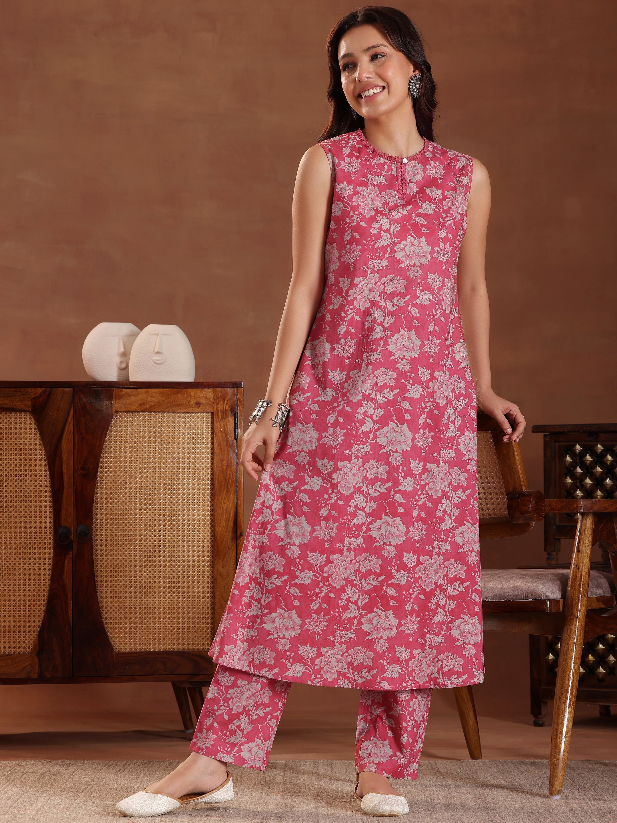 Pink Printed Pure Cotton A-Line Kurta With Trousers