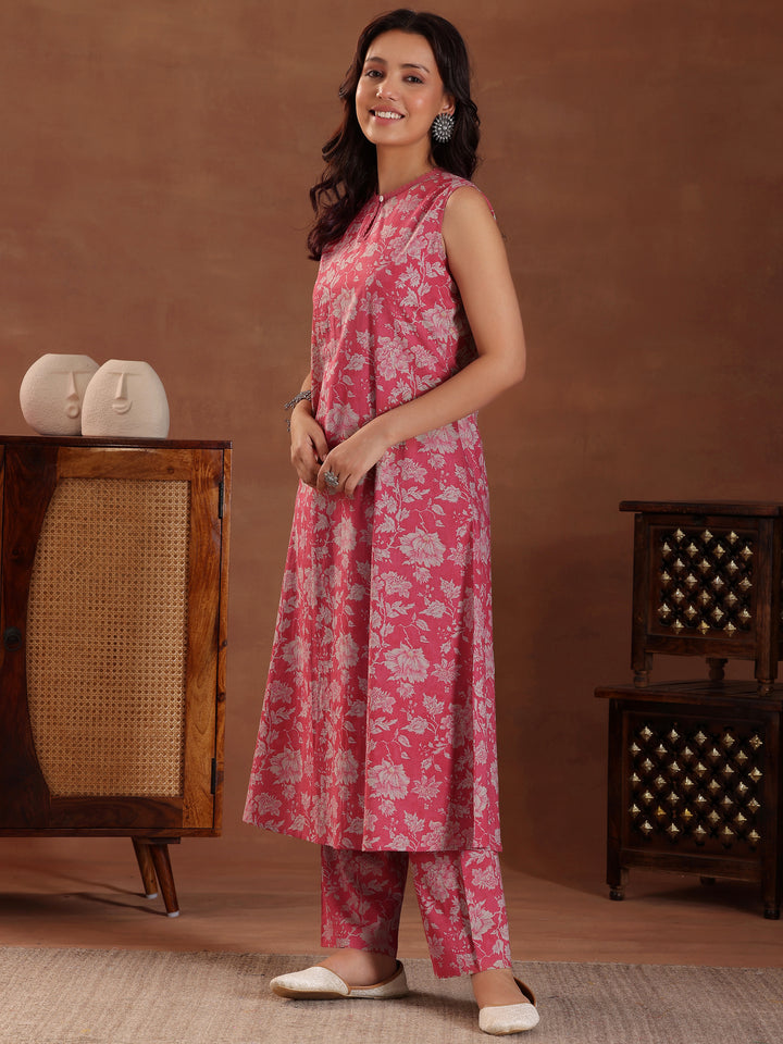 Pink Printed Pure Cotton A-Line Kurta With Trousers