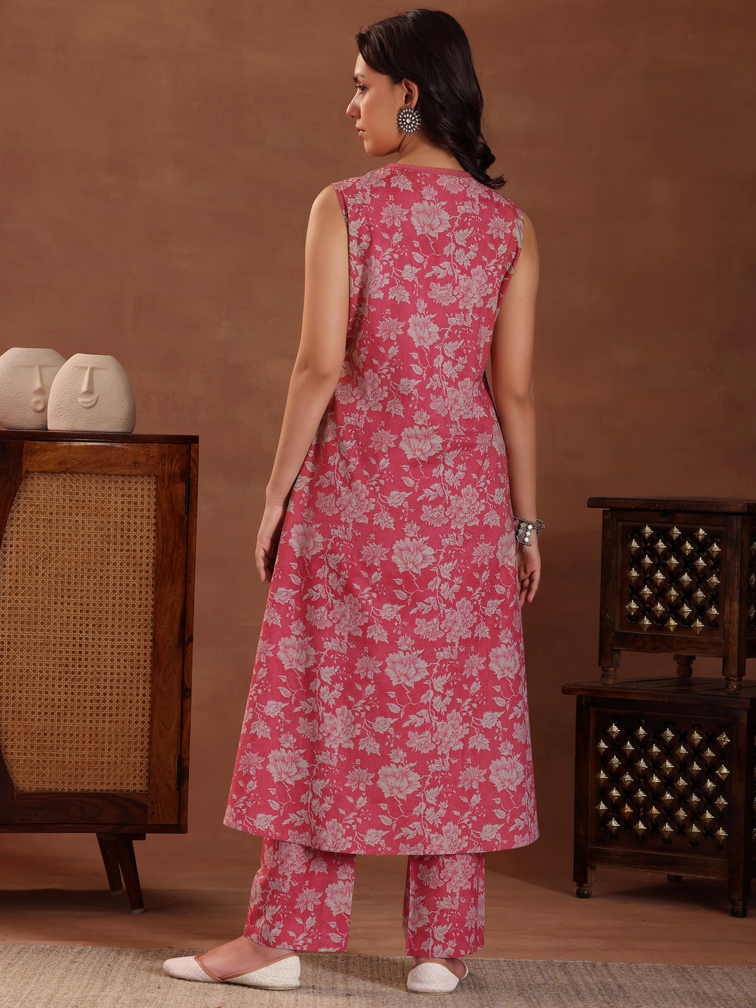 Pink Printed Pure Cotton A-Line Kurta With Trousers