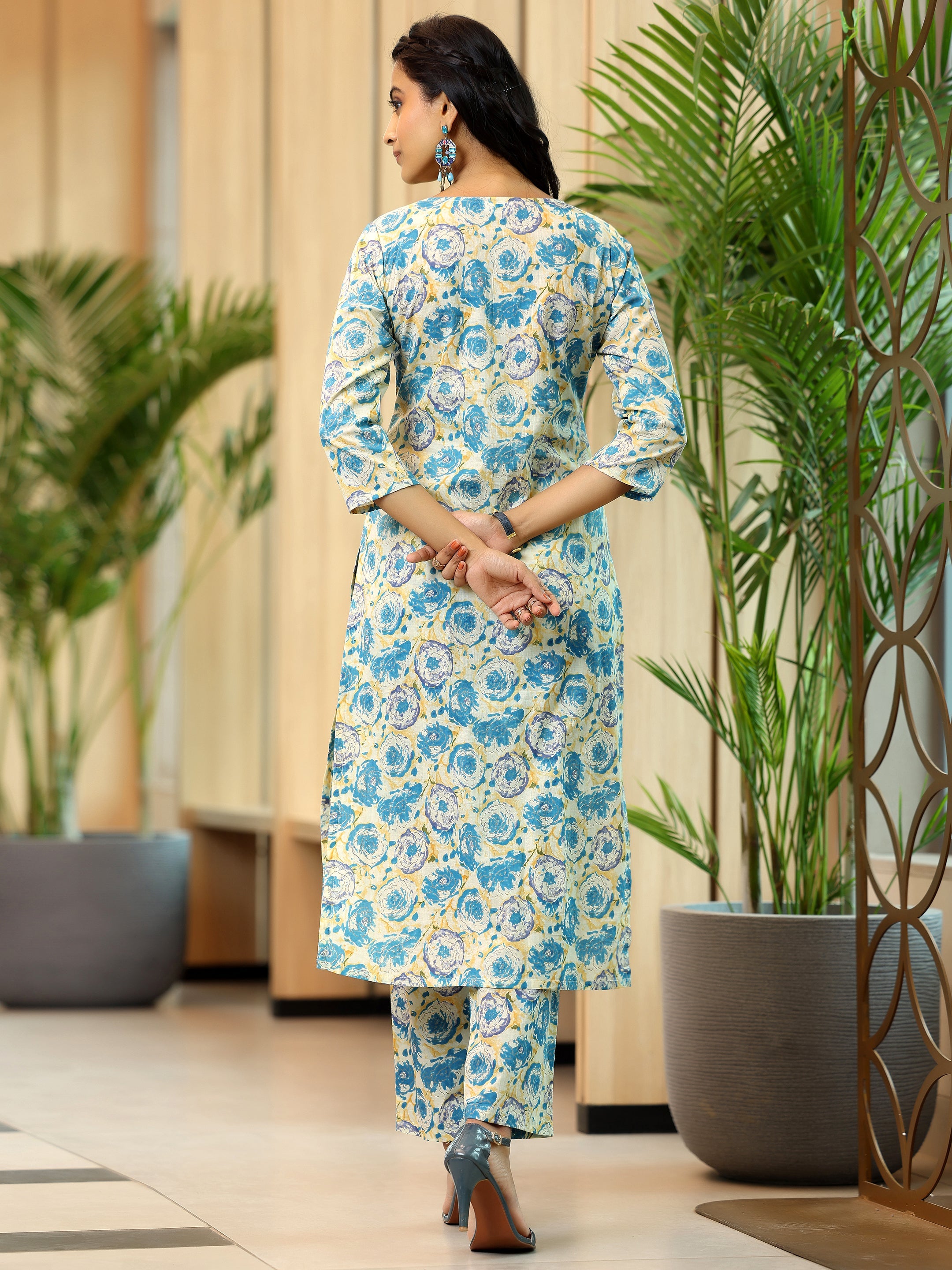 Beige Printed Cotton Straight Kurta Set