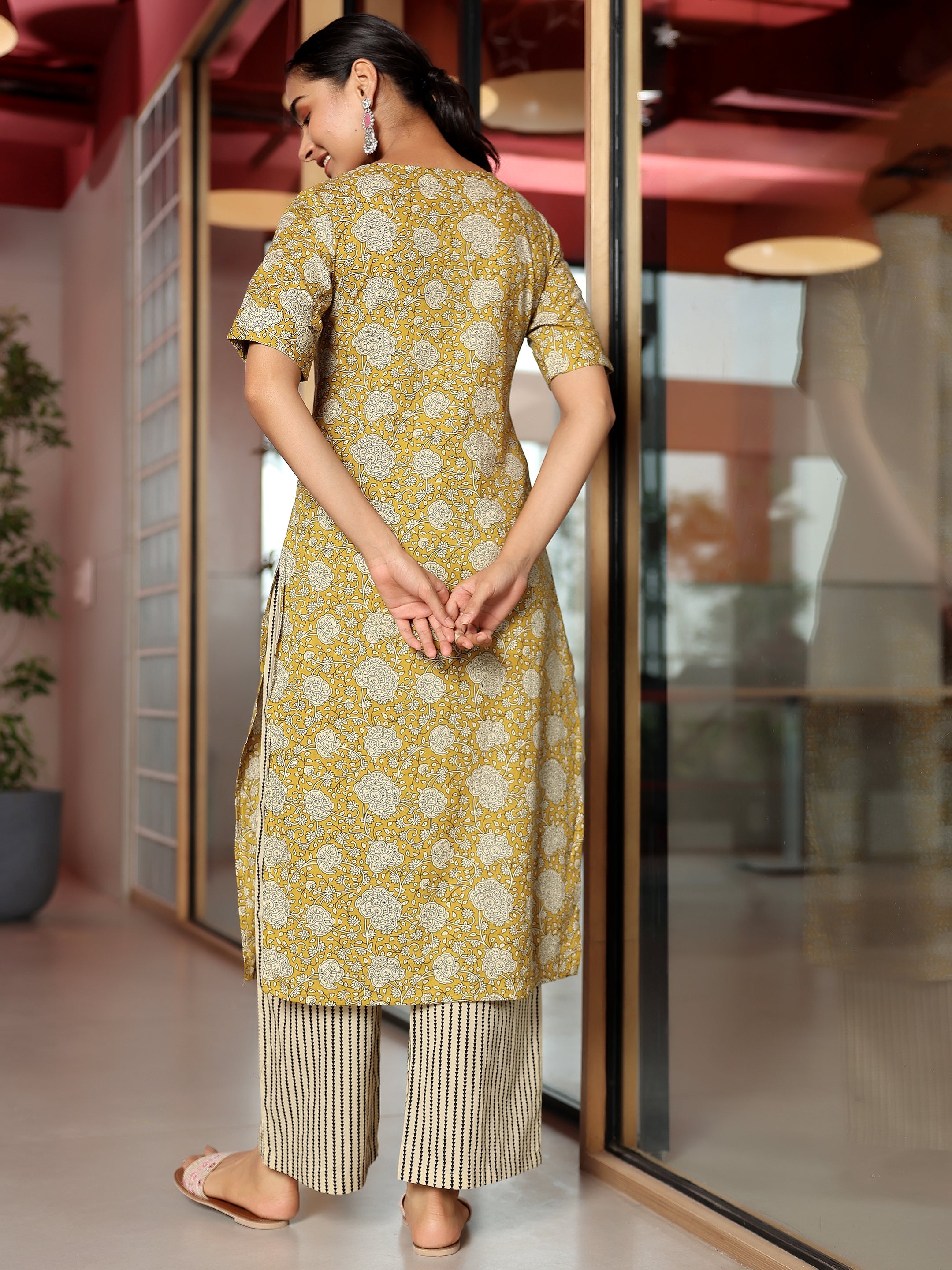 Mustard Printed Cotton Straight Kurta Set