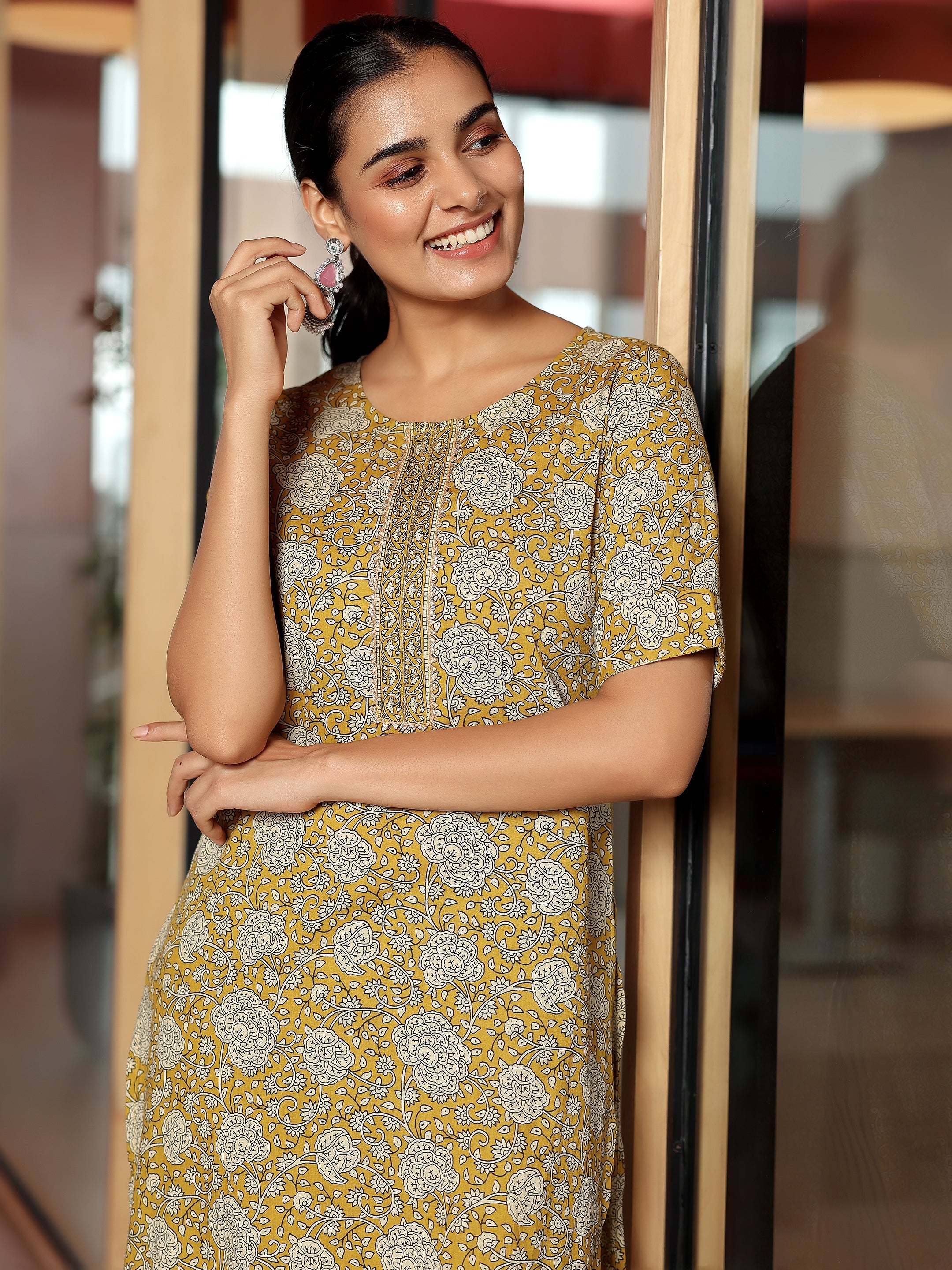 Mustard Printed Cotton Straight Kurta Set