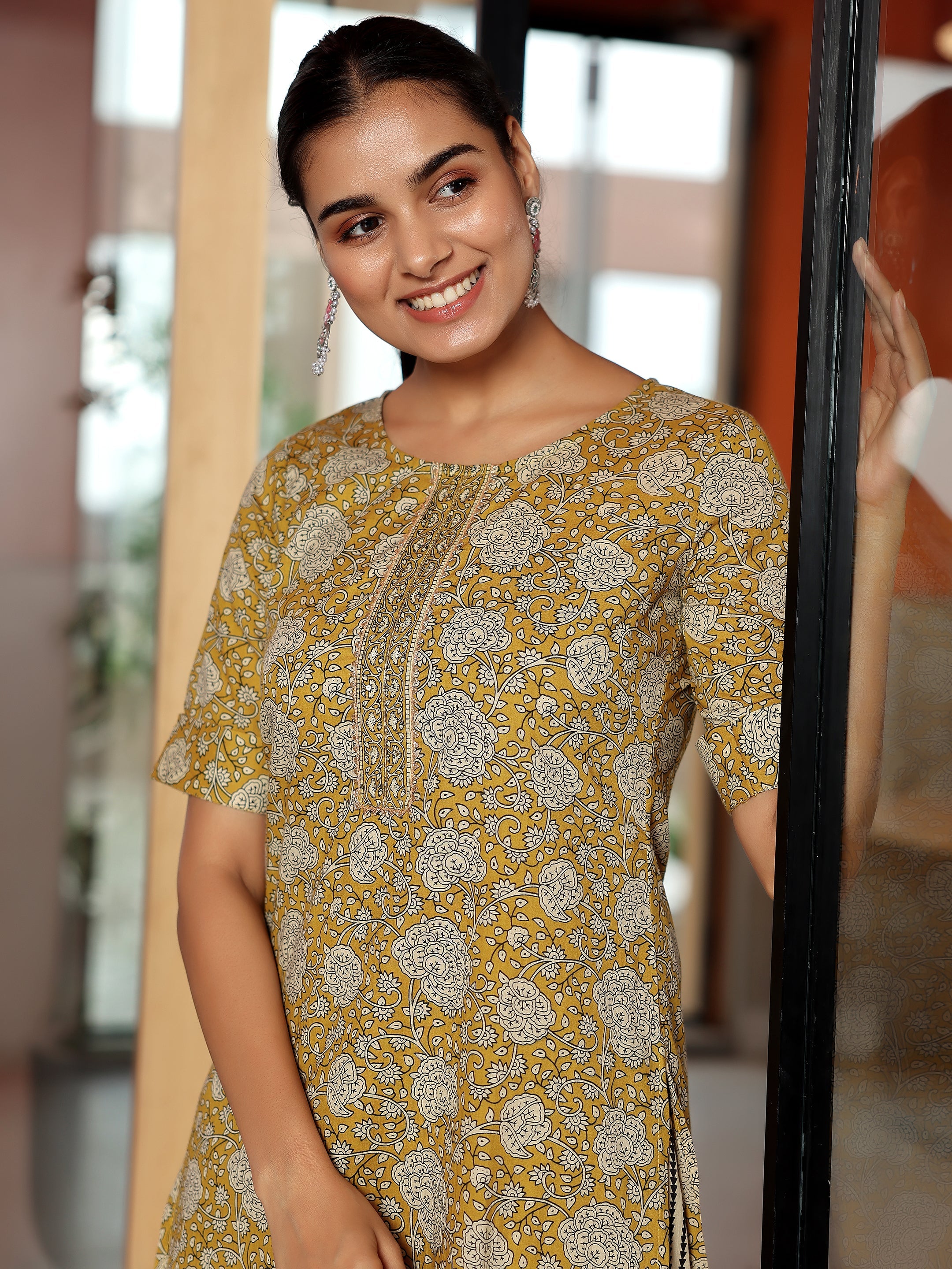 Mustard Printed Cotton Straight Kurta Set