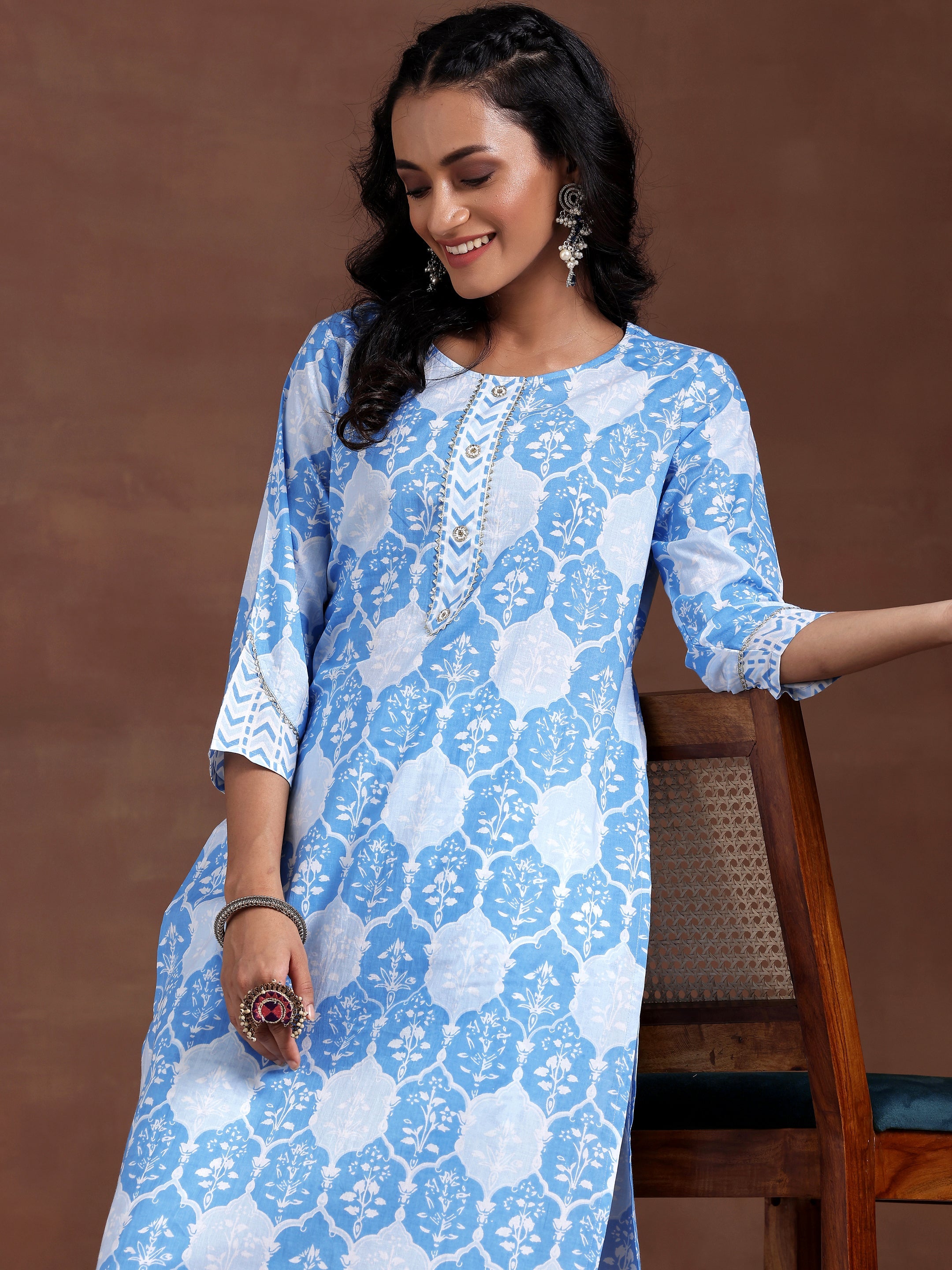 Blue Printed Cotton Straight Kurta Set