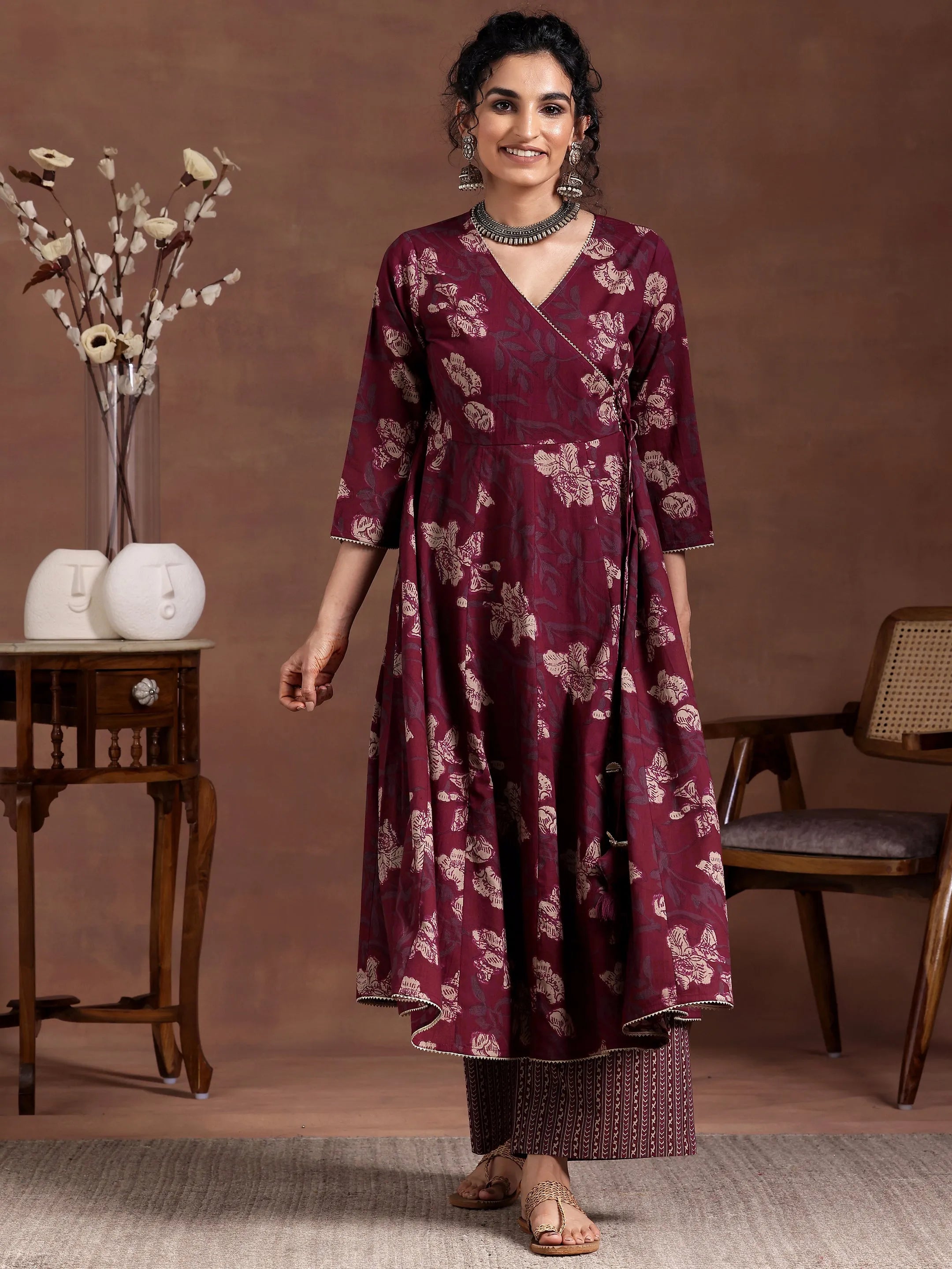 Maroon Printed Cotton A-Line Kurta With Trousers