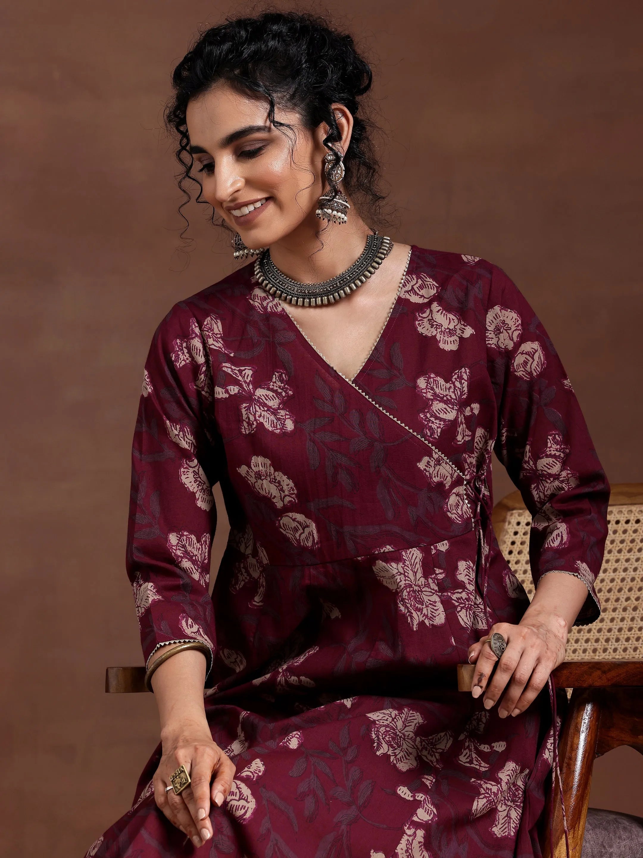 Maroon Printed Cotton A-Line Kurta With Trousers