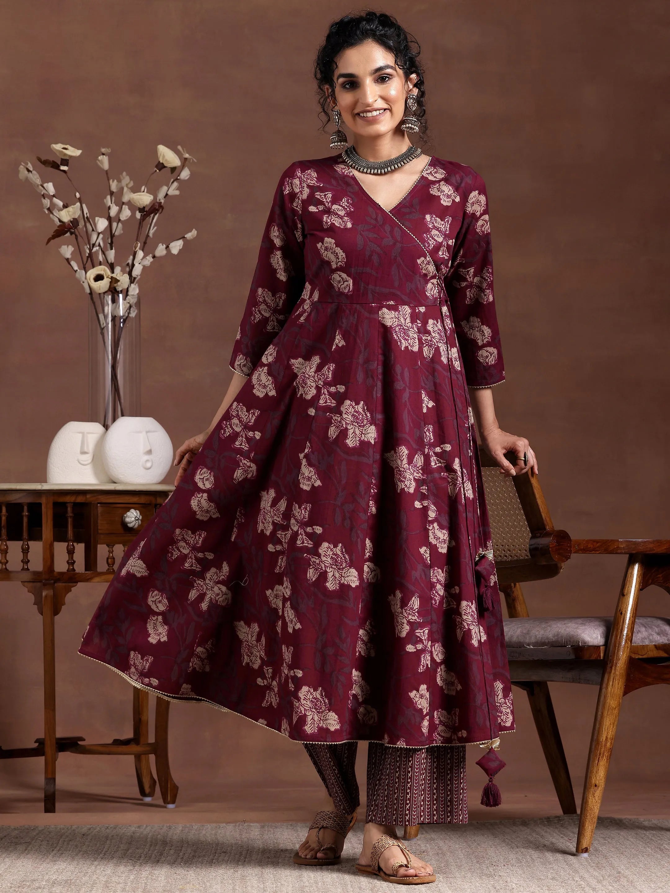 Maroon Printed Cotton A-Line Kurta With Trousers