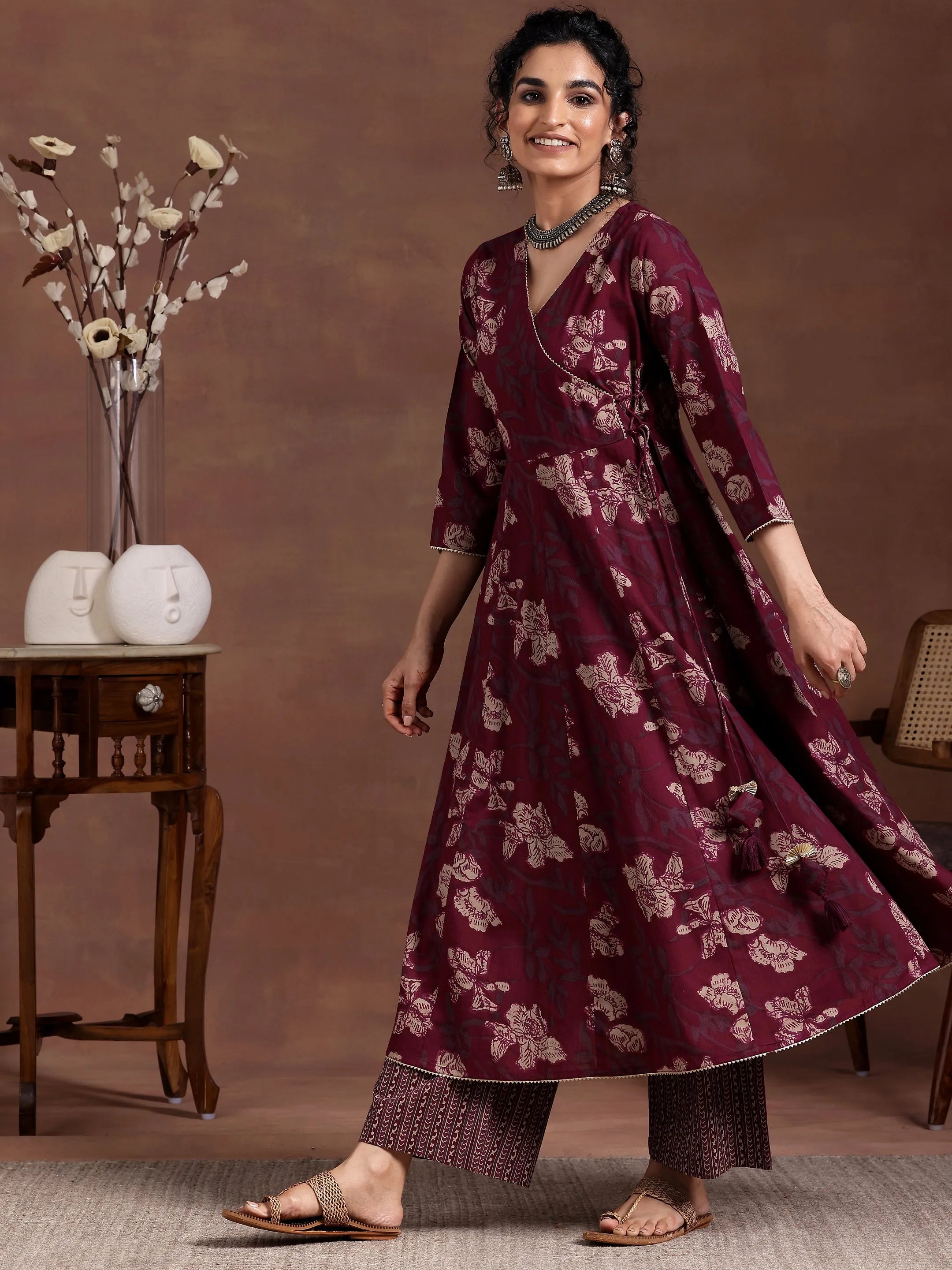 Maroon Printed Cotton A-Line Kurta With Trousers