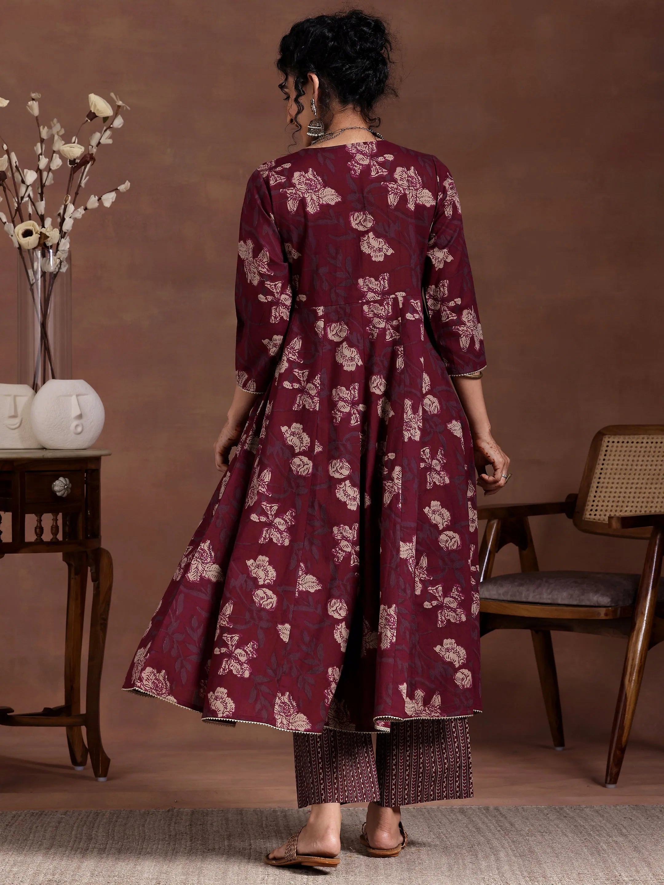 Maroon Printed Cotton A-Line Kurta With Trousers