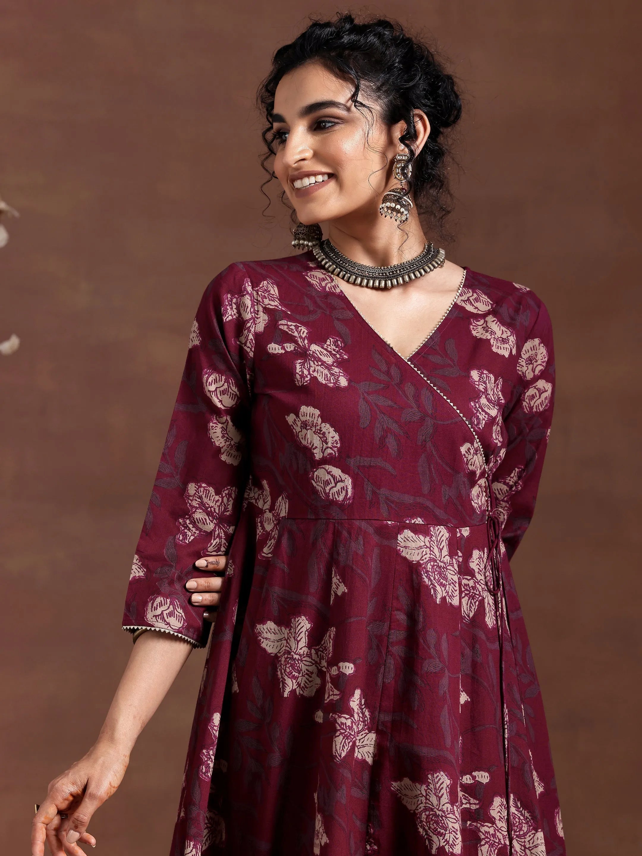 Maroon Printed Cotton A-Line Kurta With Trousers