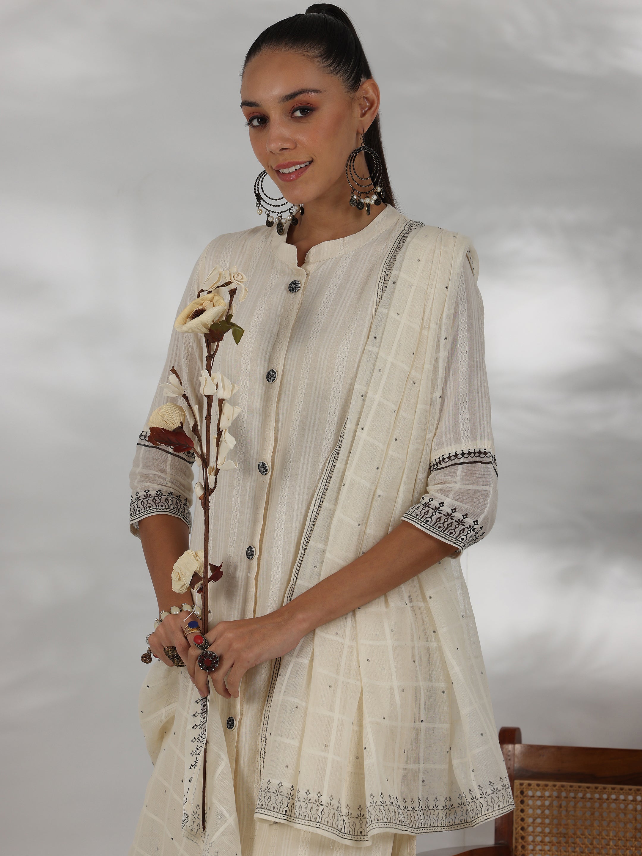 Off white Woven Design Cotton Straight Suit With Dupatta