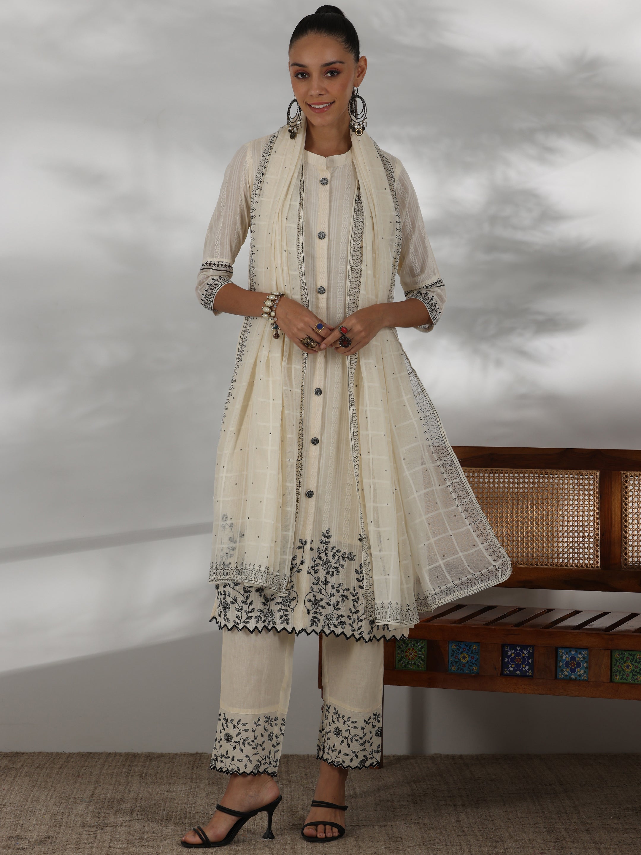 Off white Woven Design Cotton Straight Suit With Dupatta