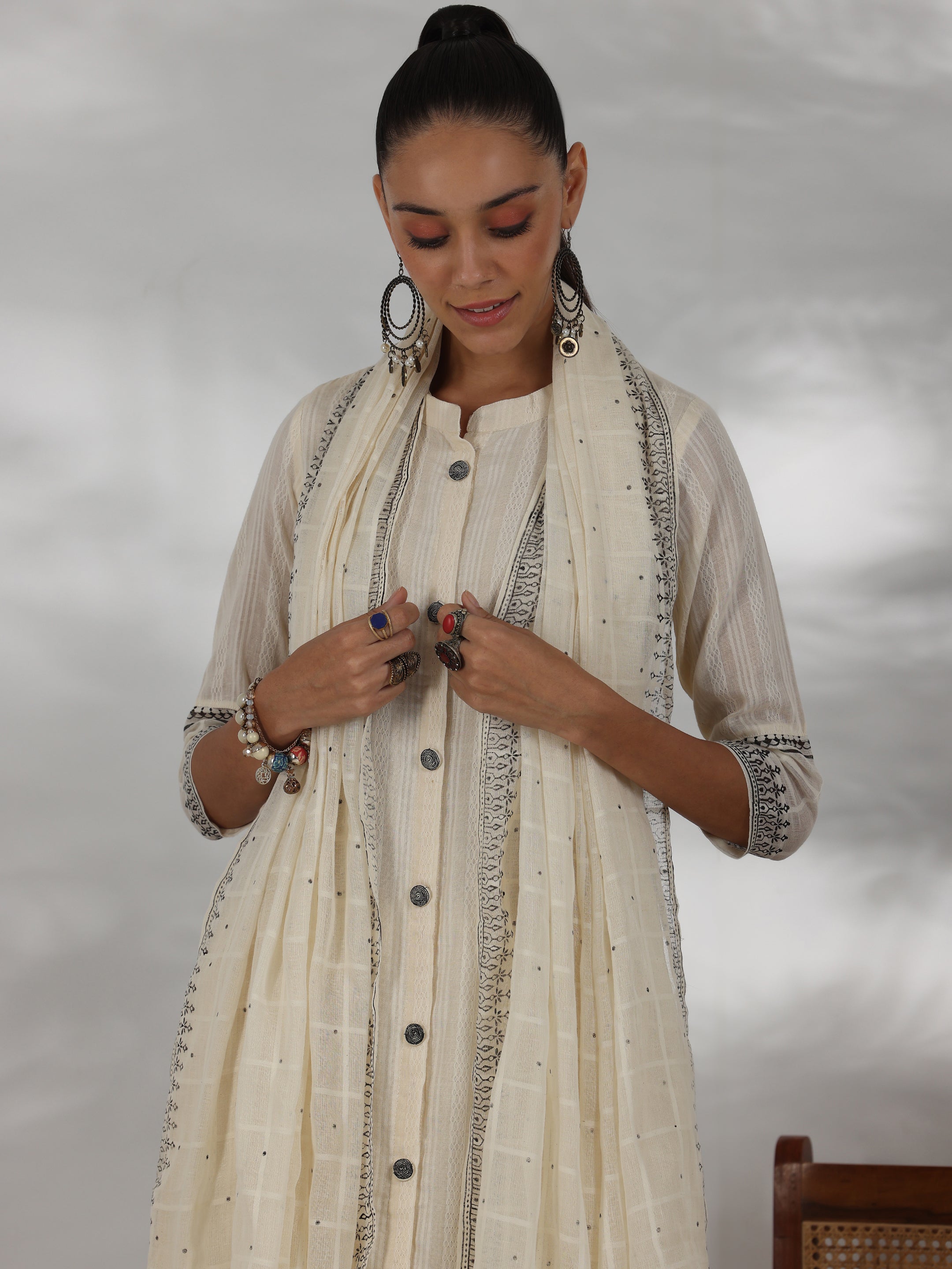 Off white Woven Design Cotton Straight Suit With Dupatta