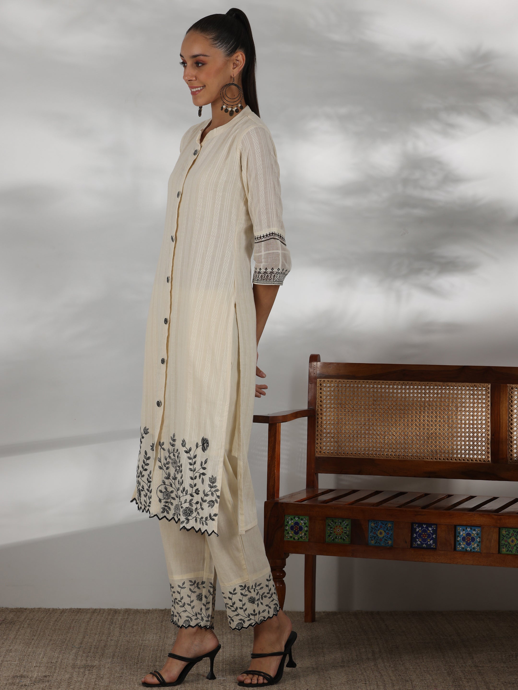 Off white Woven Design Cotton Straight Suit With Dupatta