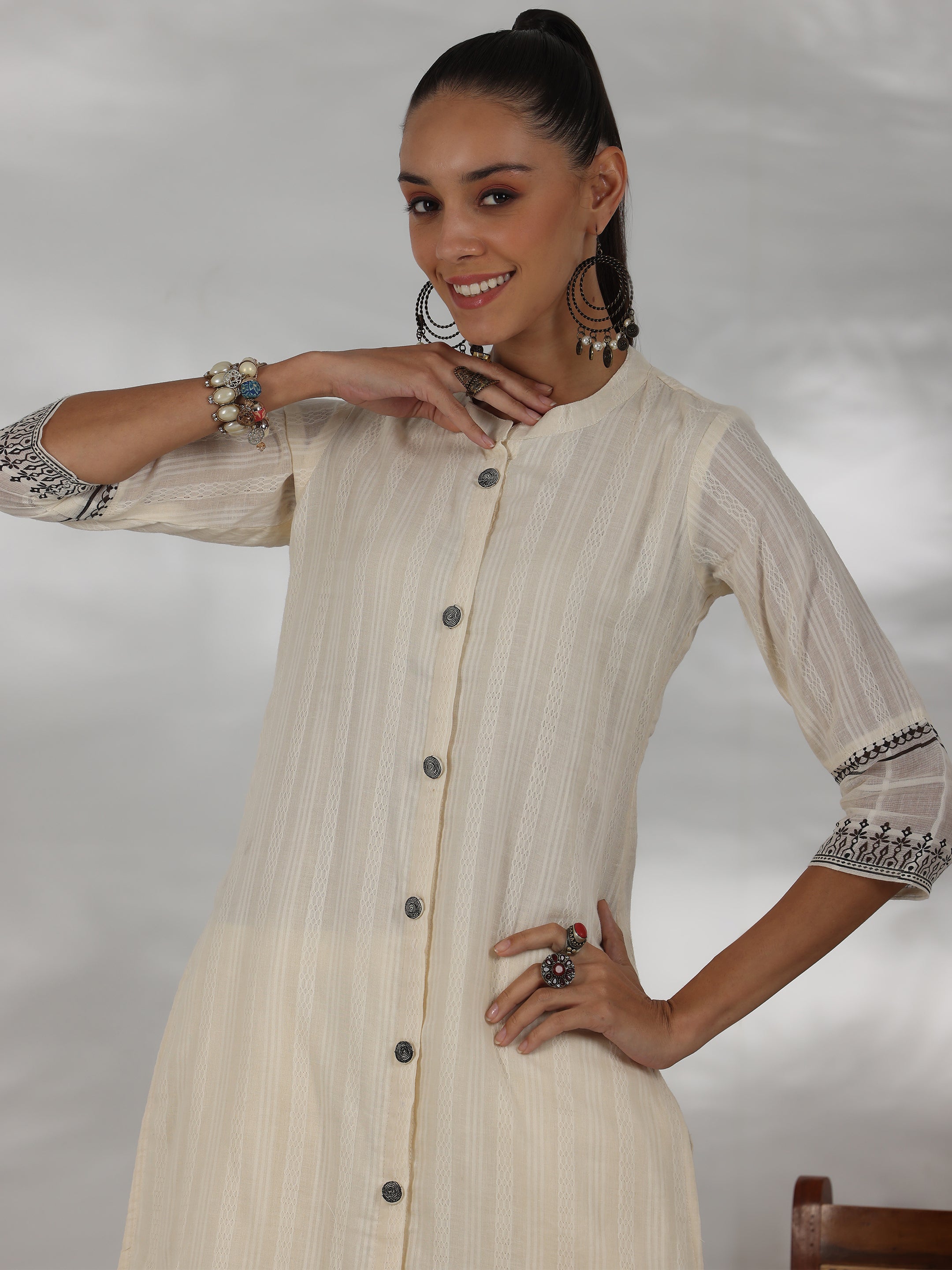 Off white Woven Design Cotton Straight Suit With Dupatta