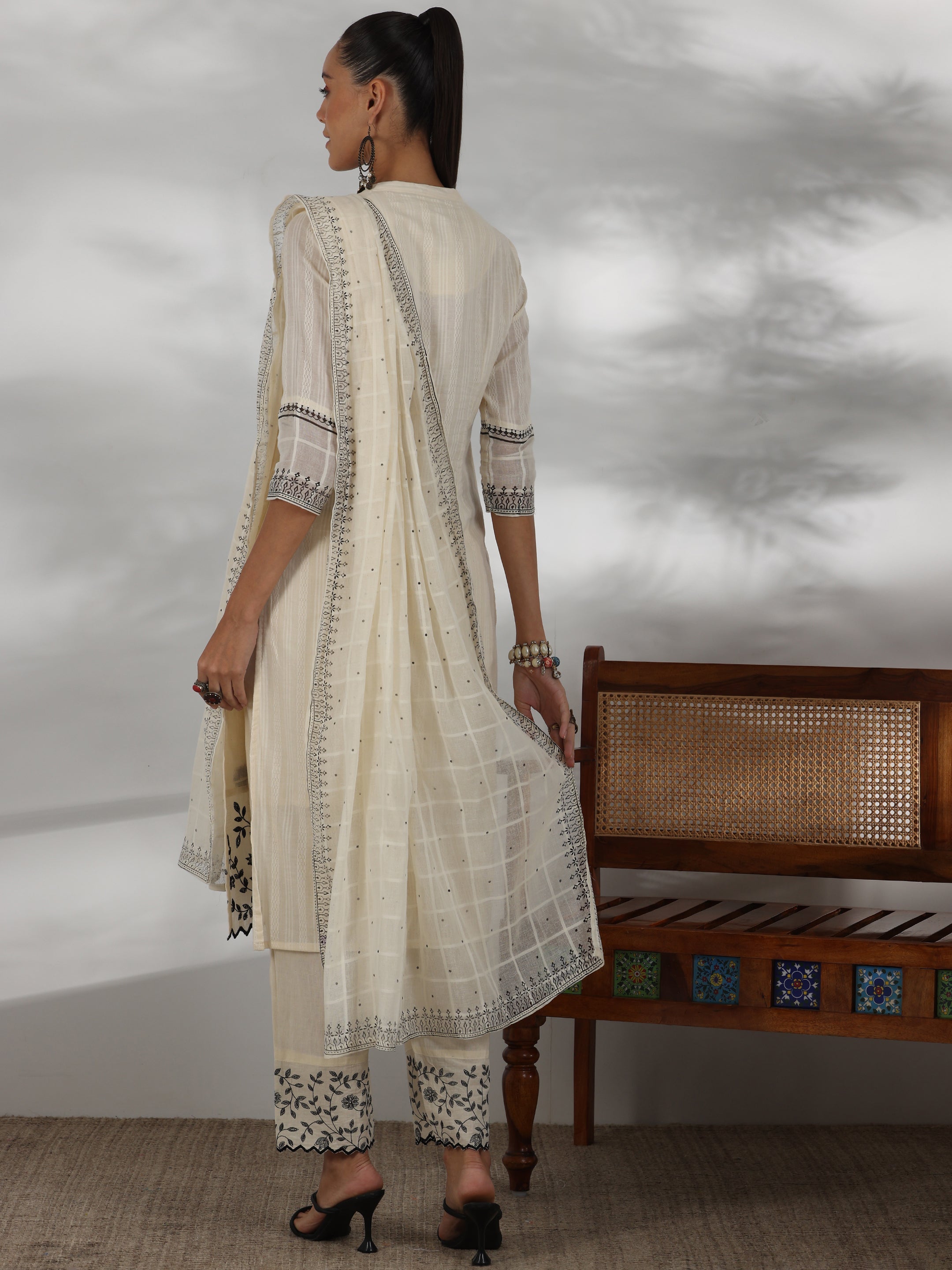 Off white Woven Design Cotton Straight Suit With Dupatta