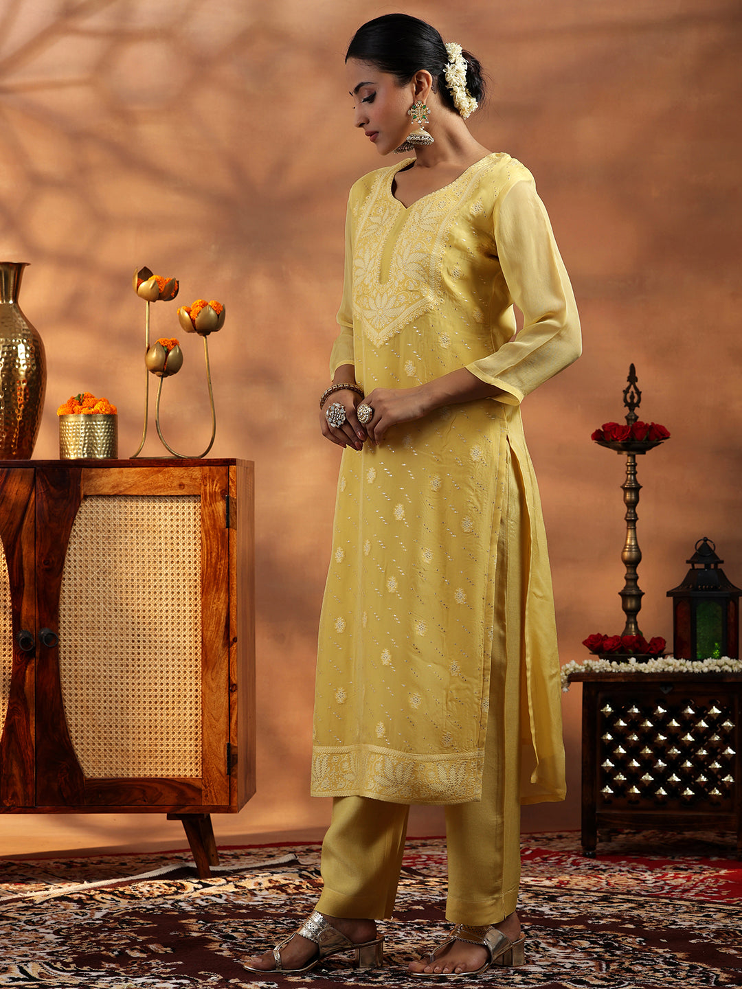 Yellow Embroidered Organza Straight Suit With Dupatta