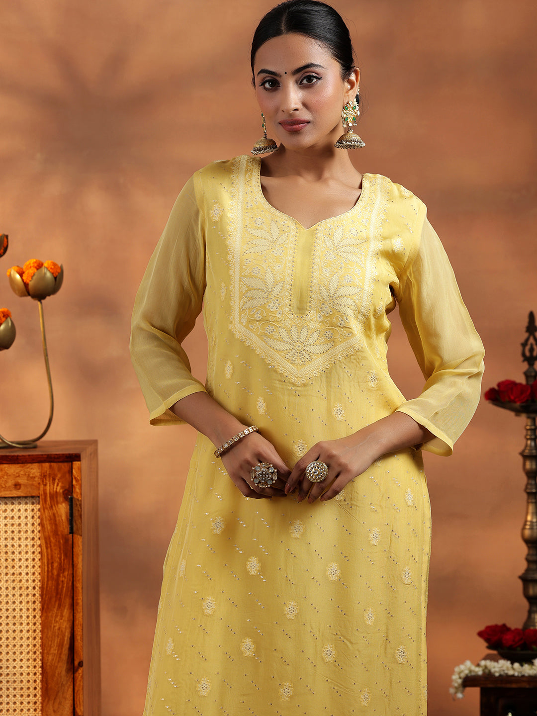 Yellow Embroidered Organza Straight Suit With Dupatta