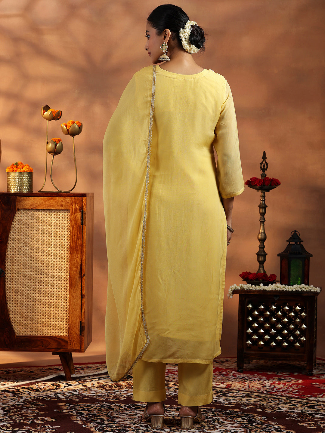 Yellow Embroidered Organza Straight Suit With Dupatta