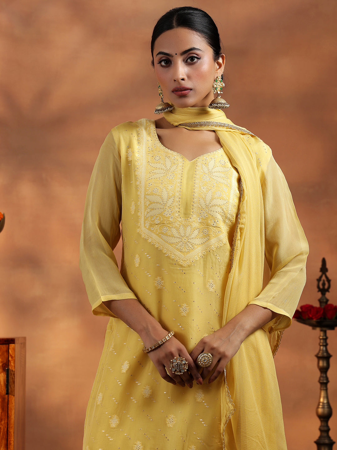 Yellow Embroidered Organza Straight Suit With Dupatta