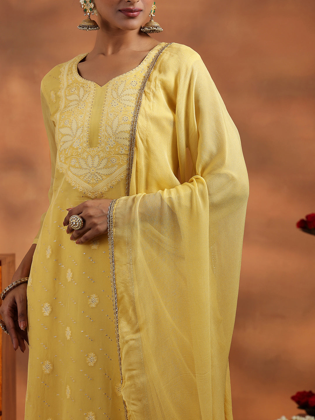 Yellow Embroidered Organza Straight Suit With Dupatta