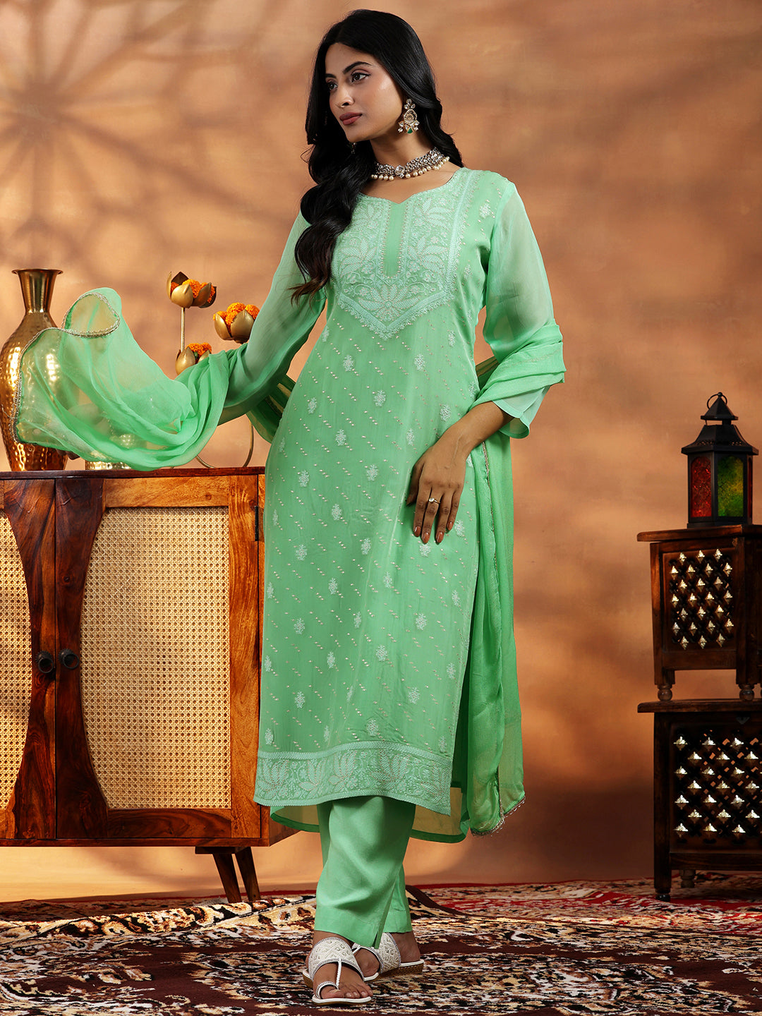 Green Embroidered Organza Straight Suit With Dupatta