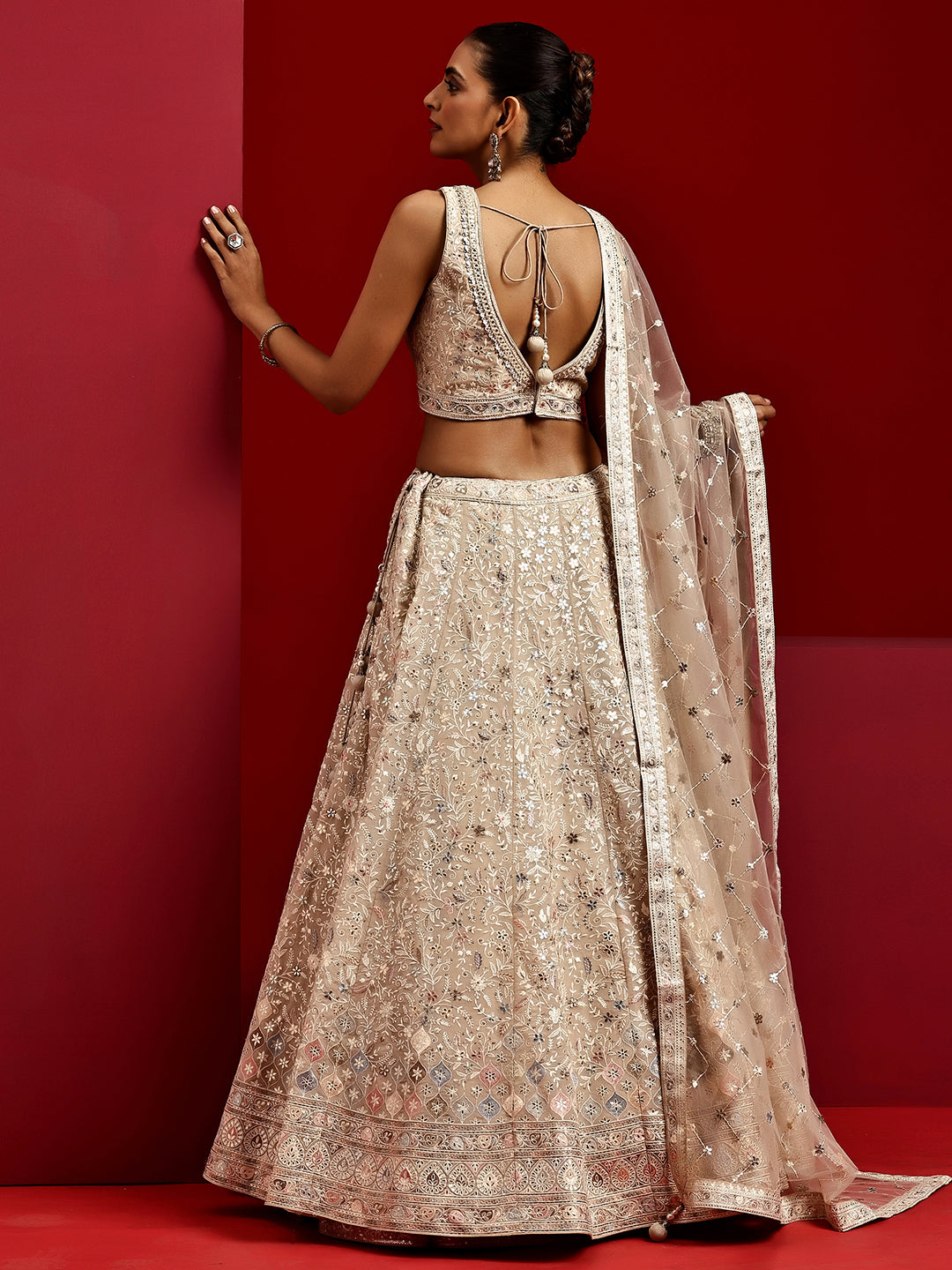 Libas Art Beige Embroidered Silk Blend Lehenga Set