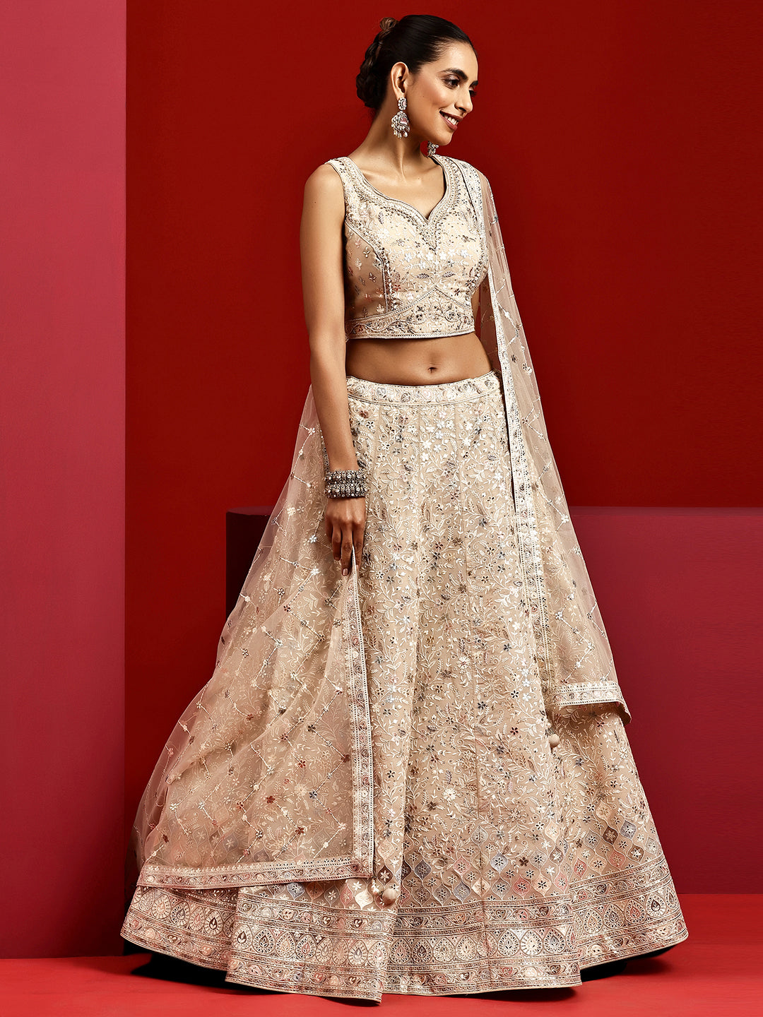 Libas Art Beige Embroidered Silk Blend Lehenga Set