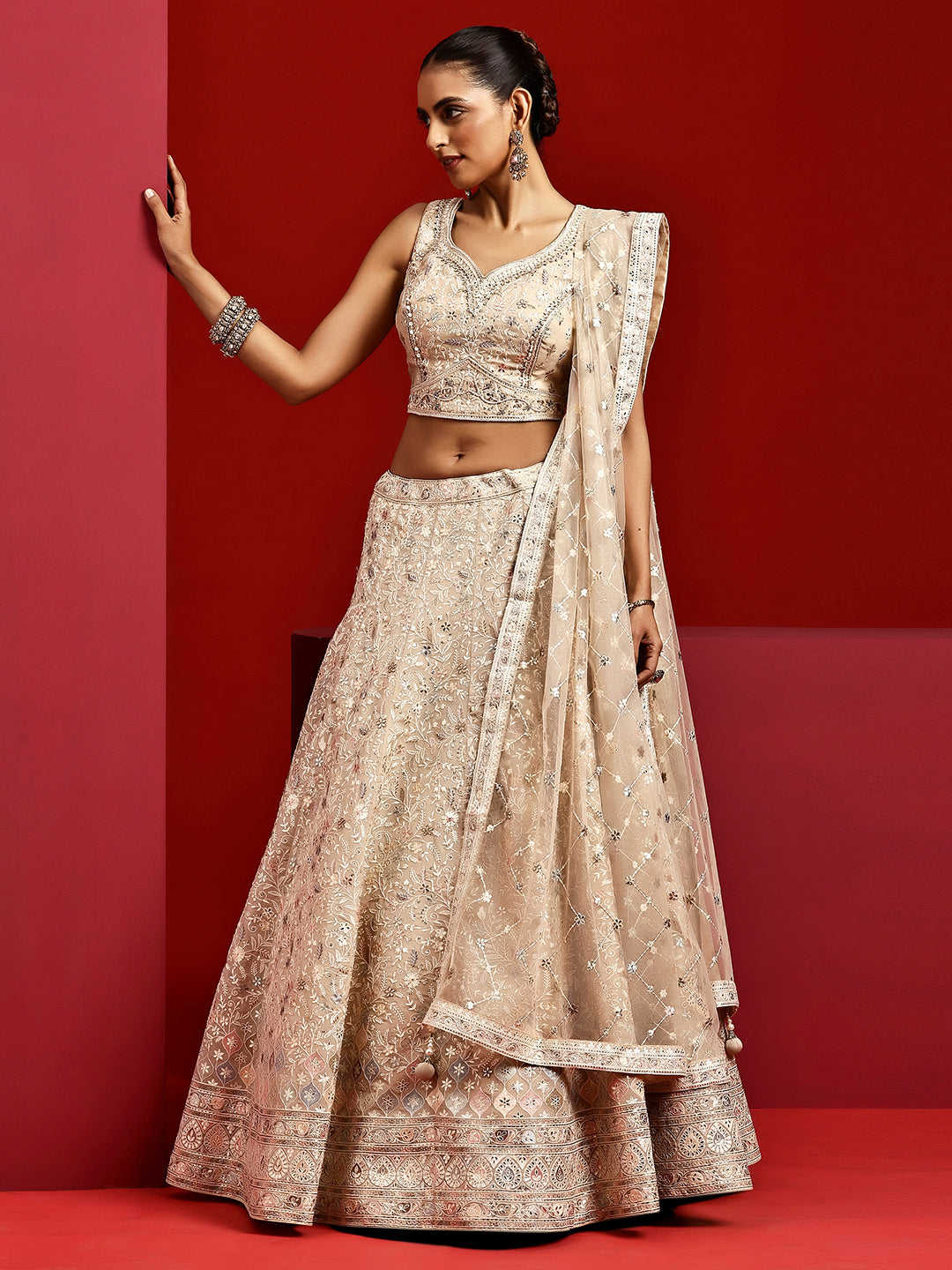 Libas Art Beige Embroidered Silk Blend Lehenga Set