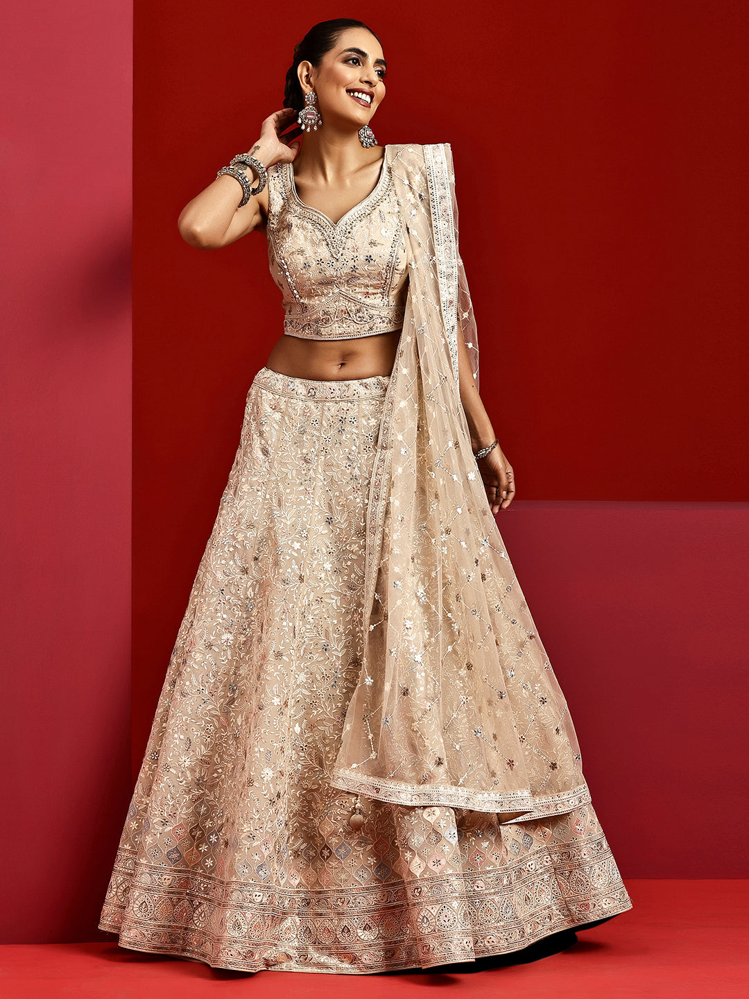 Libas Art Beige Embroidered Silk Blend Lehenga Set