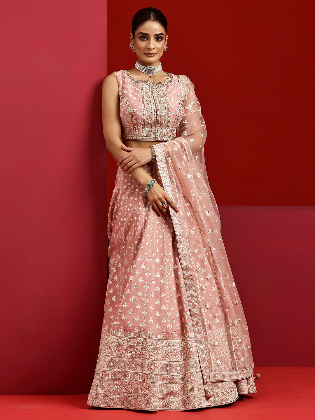 Libas Art Pink Embroidered Silk Blend Lehenga Set