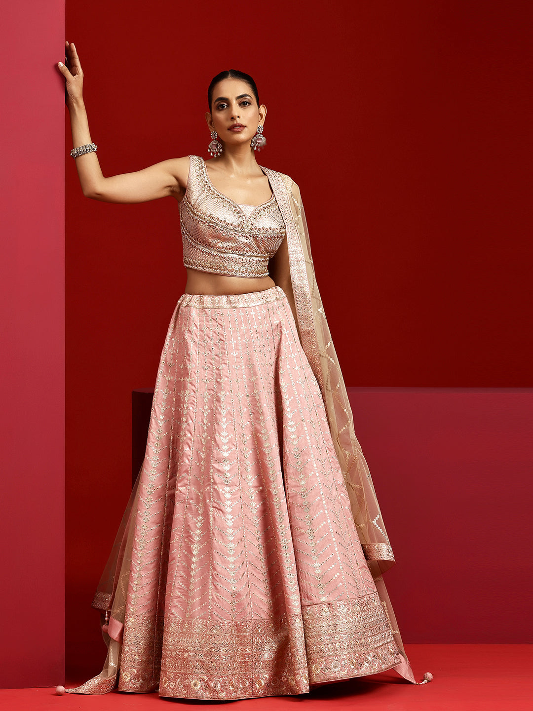 Libas Art Pink Embellished Silk Blend Lehenga Set