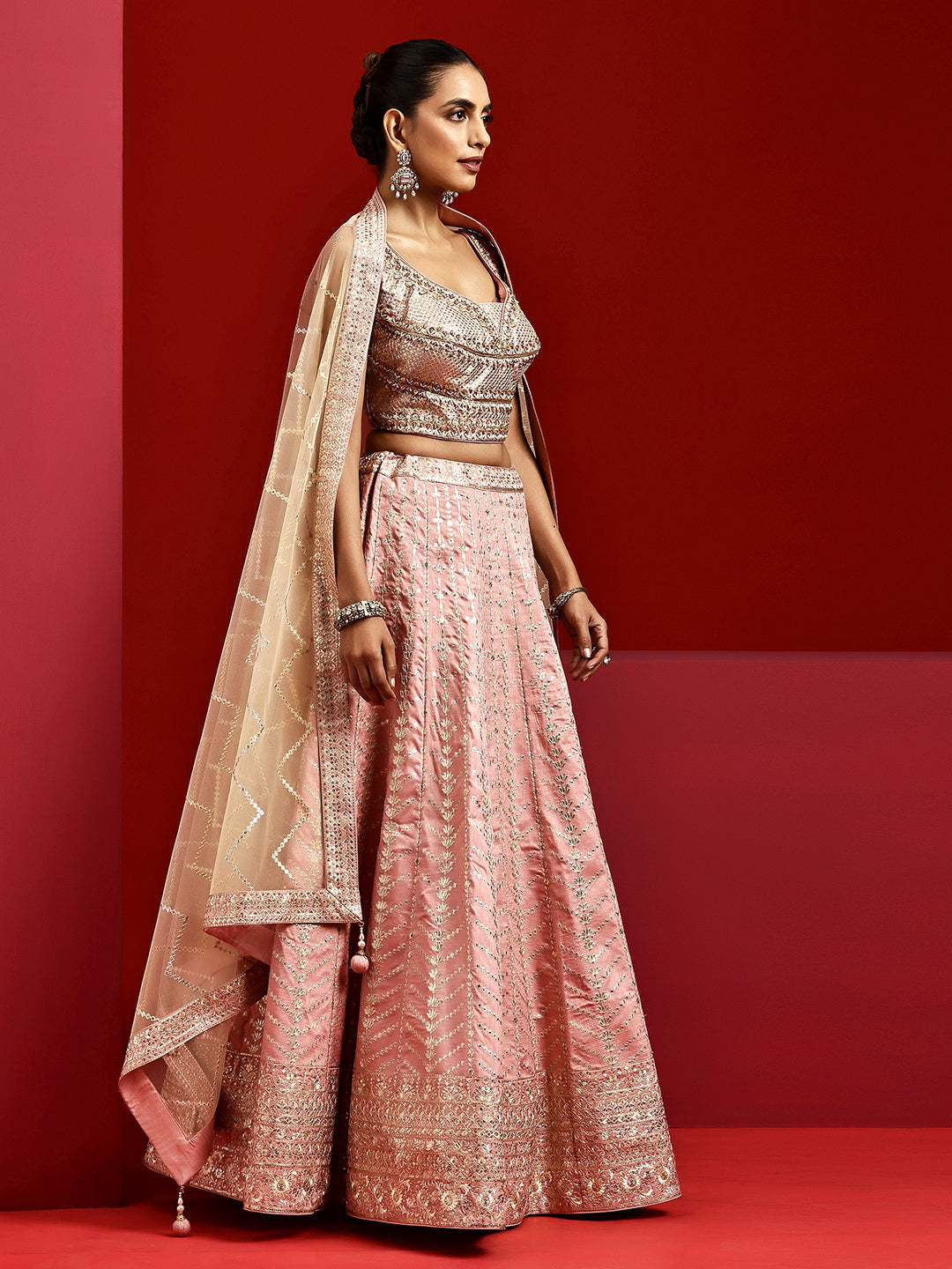 Libas Art Pink Embellished Silk Blend Lehenga Set