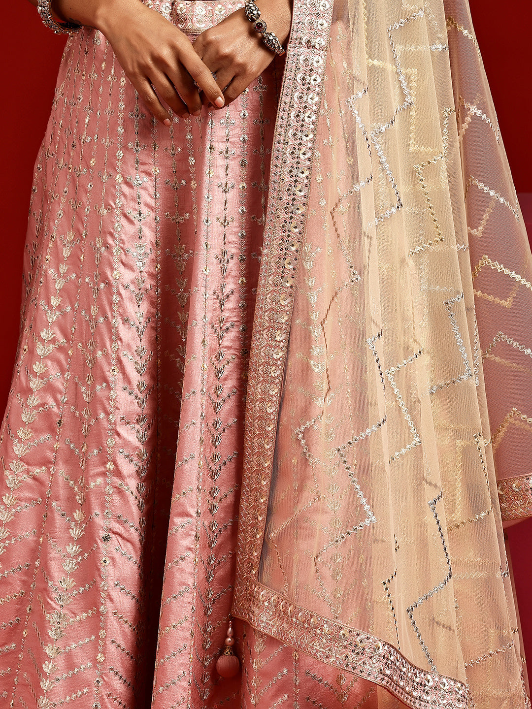 Libas Art Pink Embellished Silk Blend Lehenga Set