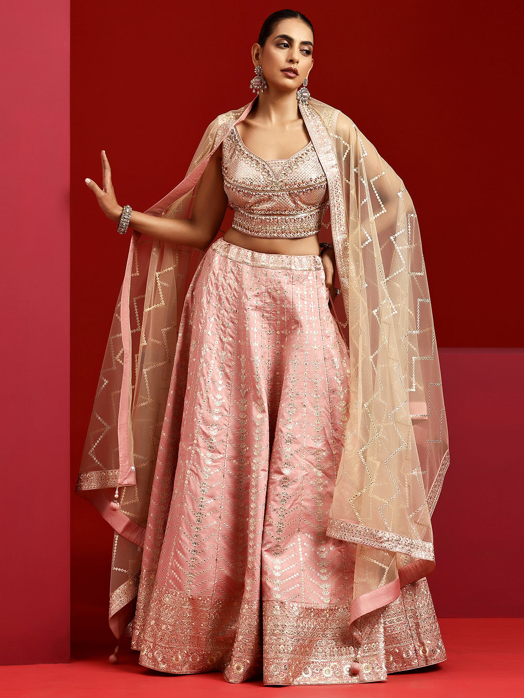 Libas Art Pink Embellished Silk Blend Lehenga Set