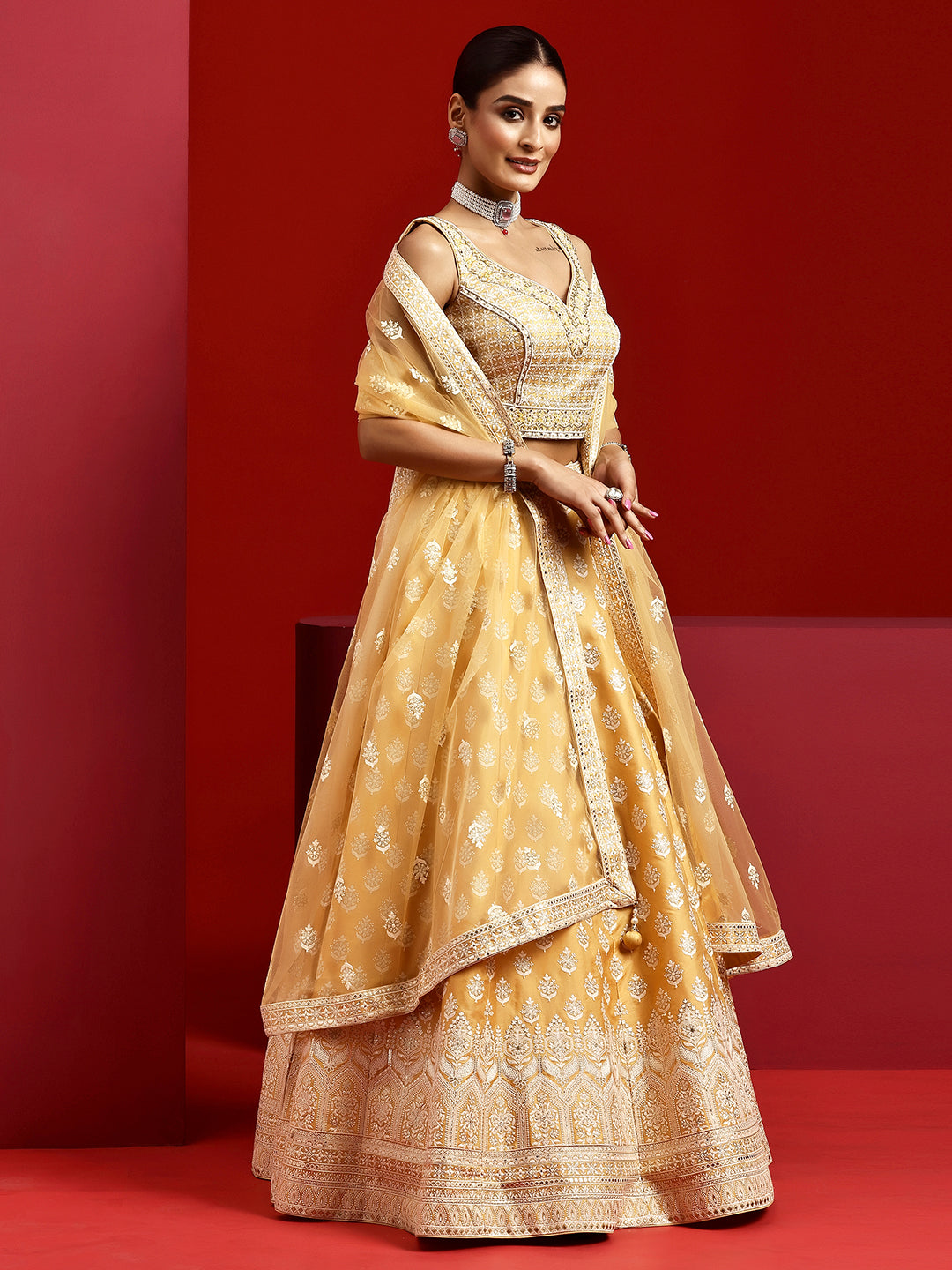 Libas Art Yellow Embroidered Silk Blend Lehenga Set