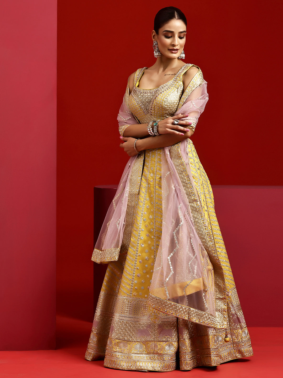 Libas Art Yellow Embellished Silk Blend Lehenga Set