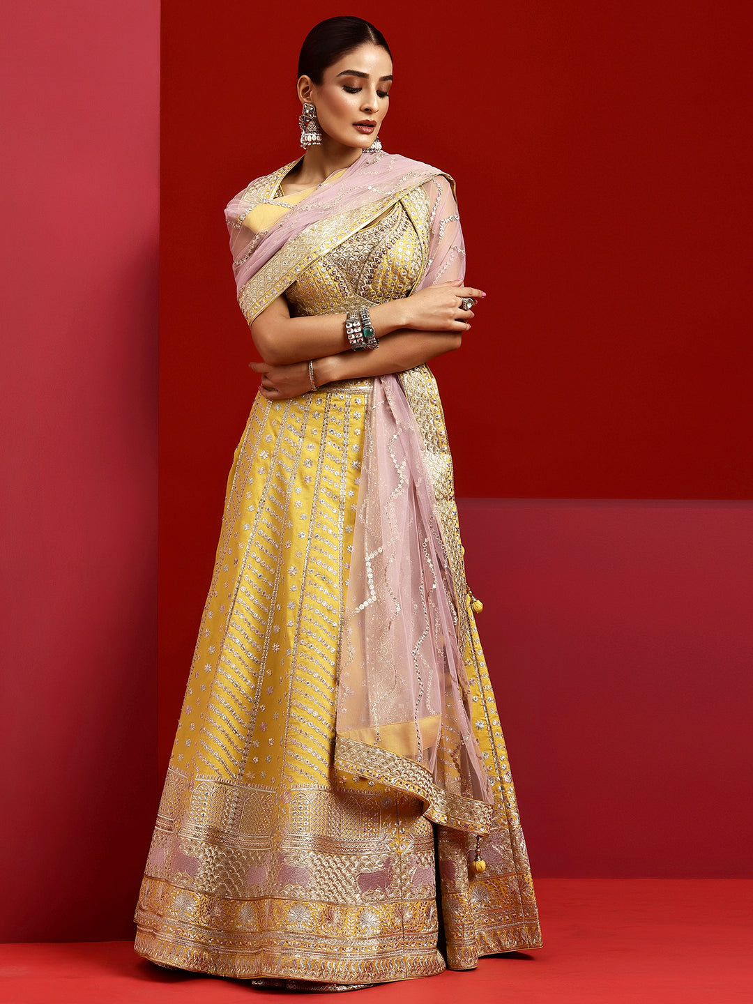 Libas Art Yellow Embellished Silk Blend Lehenga Set