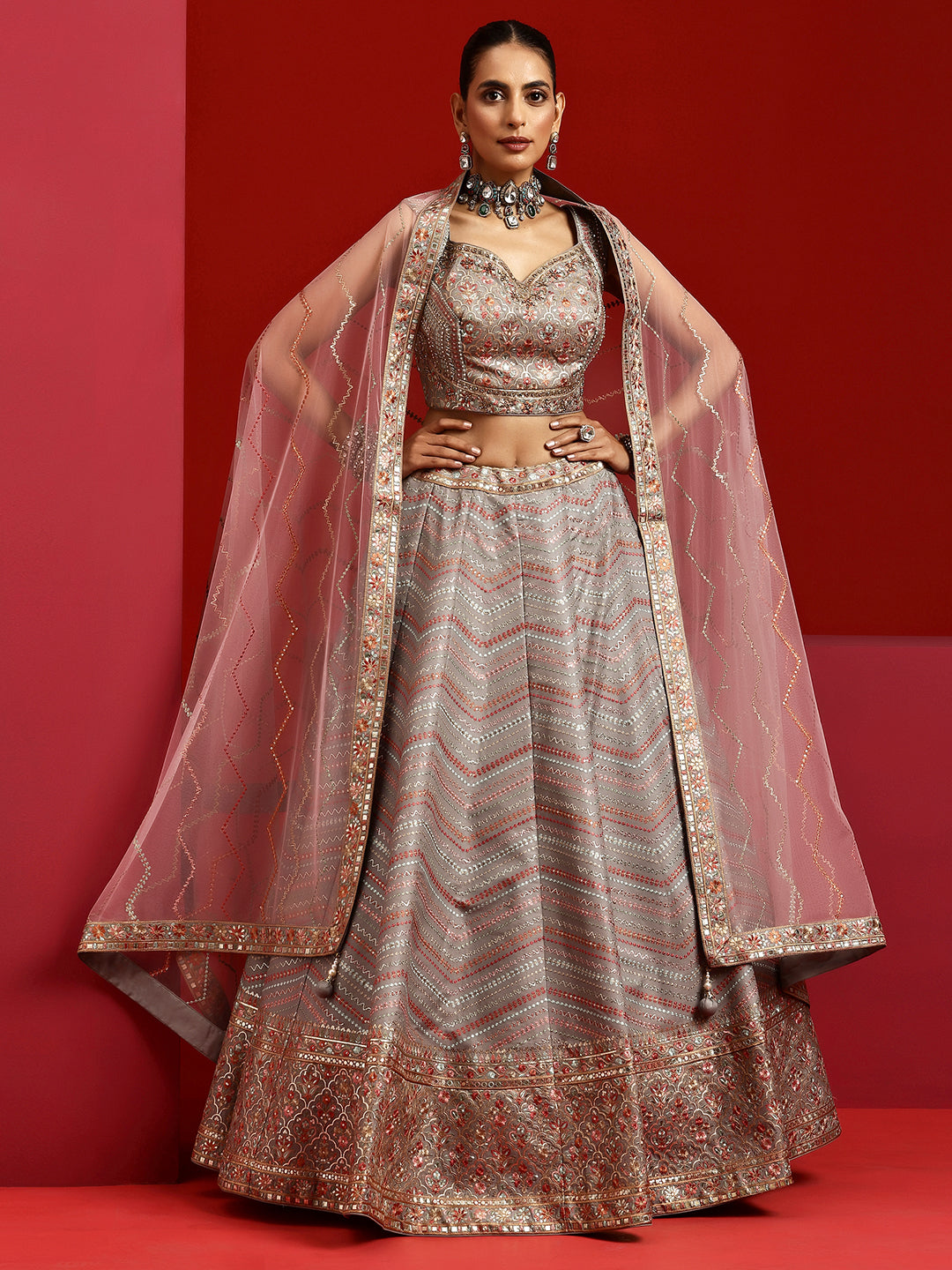 Libas Art Grey Embroidered Silk Blend Lehenga Set