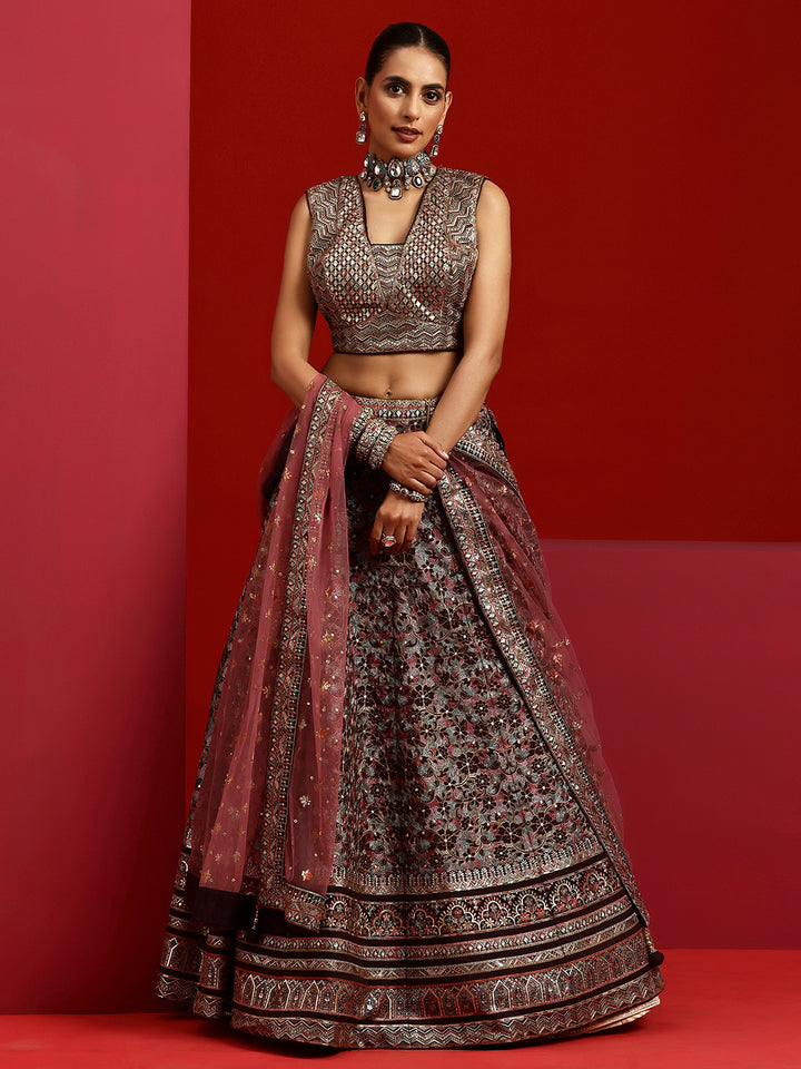 Libas Art Wine Embroidered Silk Blend Lehenga Set