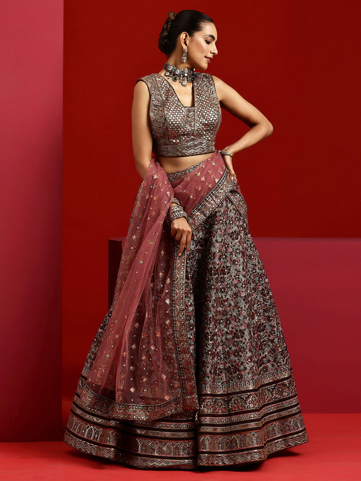 Libas Art Wine Embroidered Silk Blend Lehenga Set