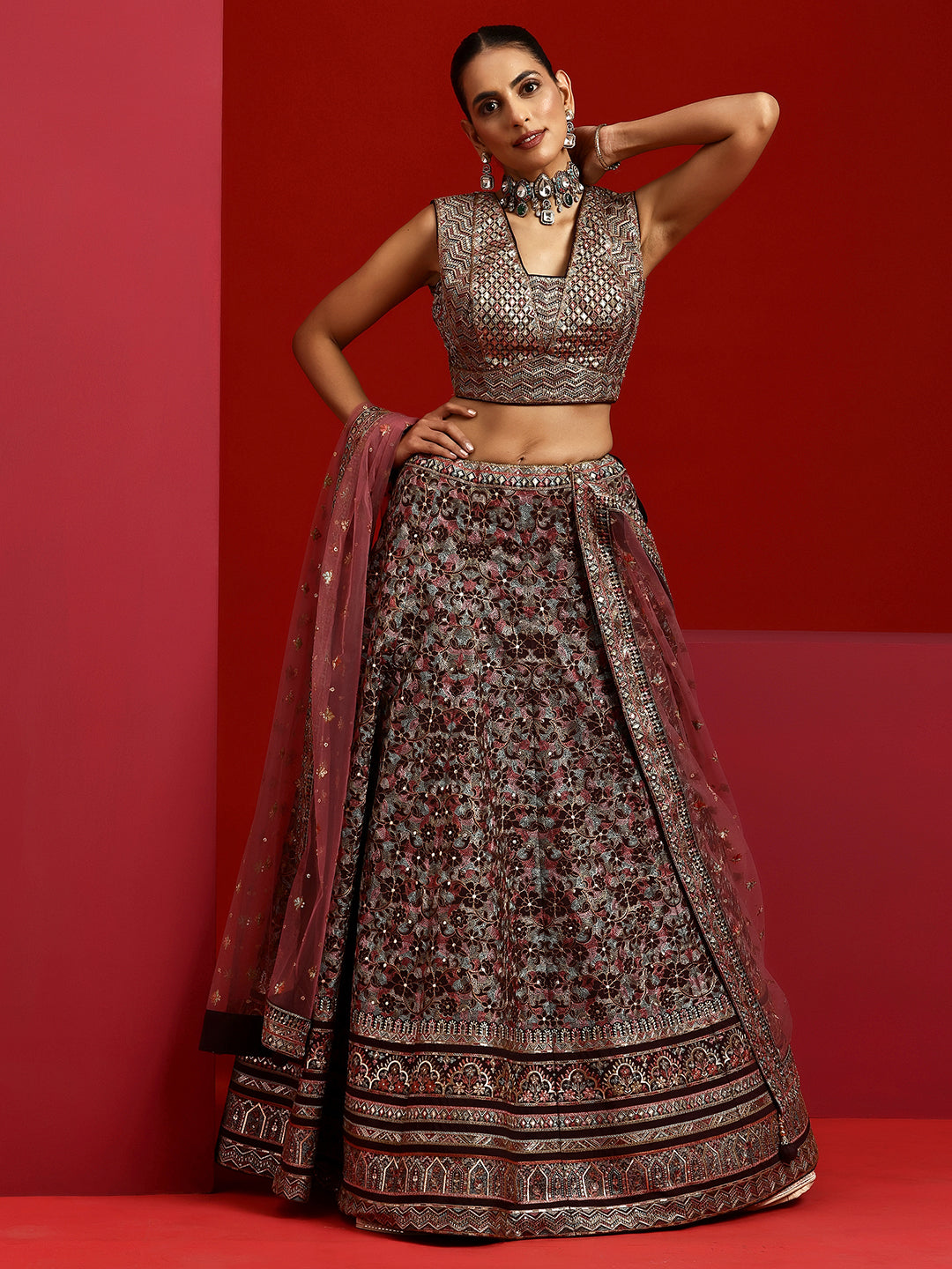 Libas Art Wine Embroidered Silk Blend Lehenga Set