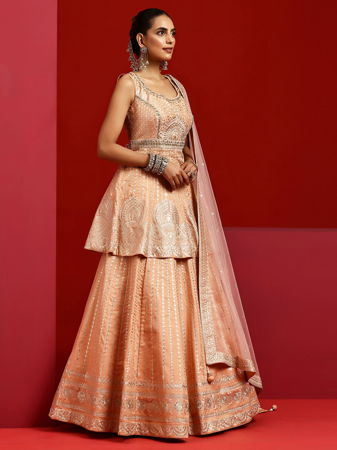 Libas Art Peach Embroidered Silk Blend Lehenga Set