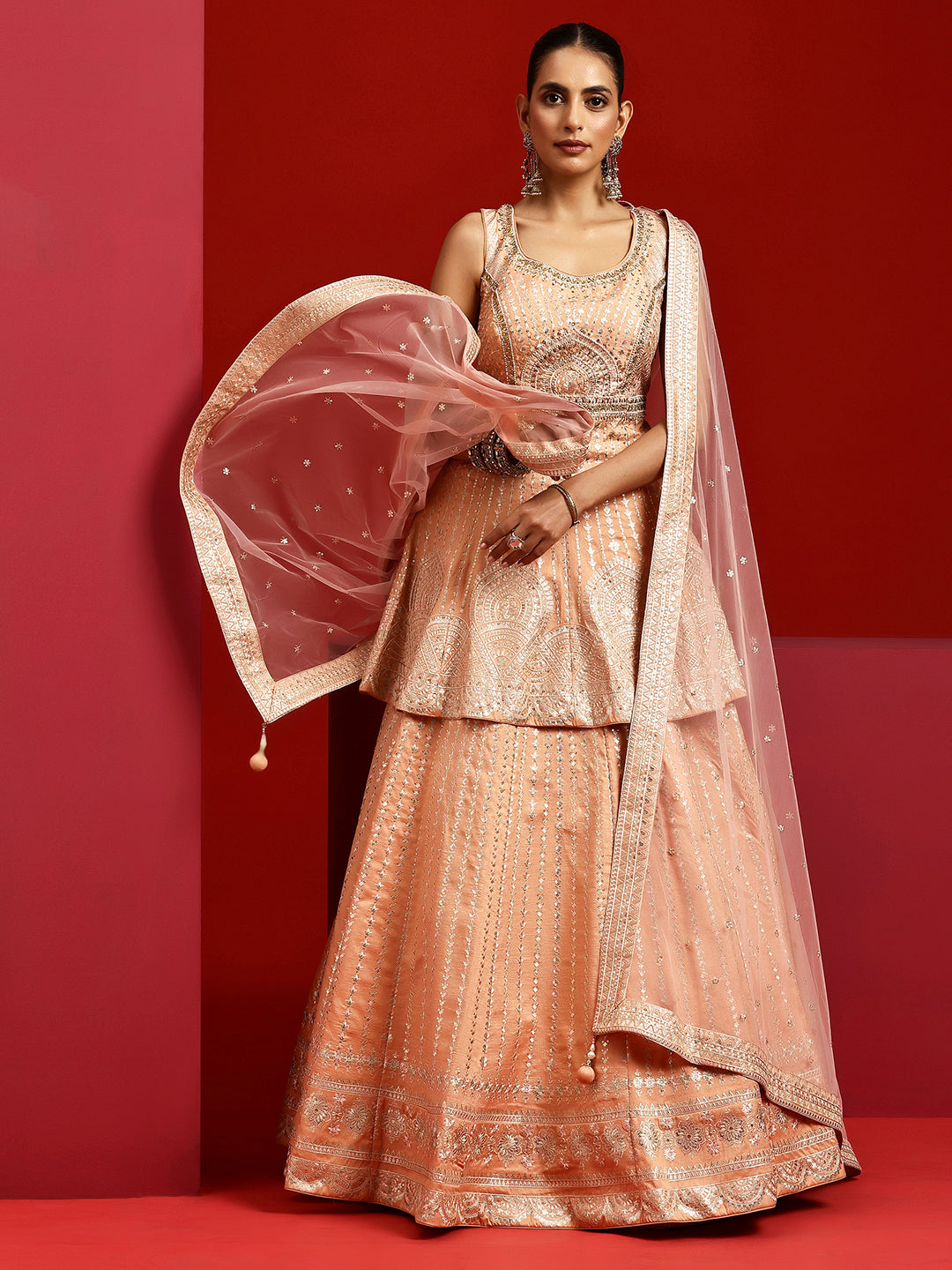 Libas Art Peach Embroidered Silk Blend Lehenga Set