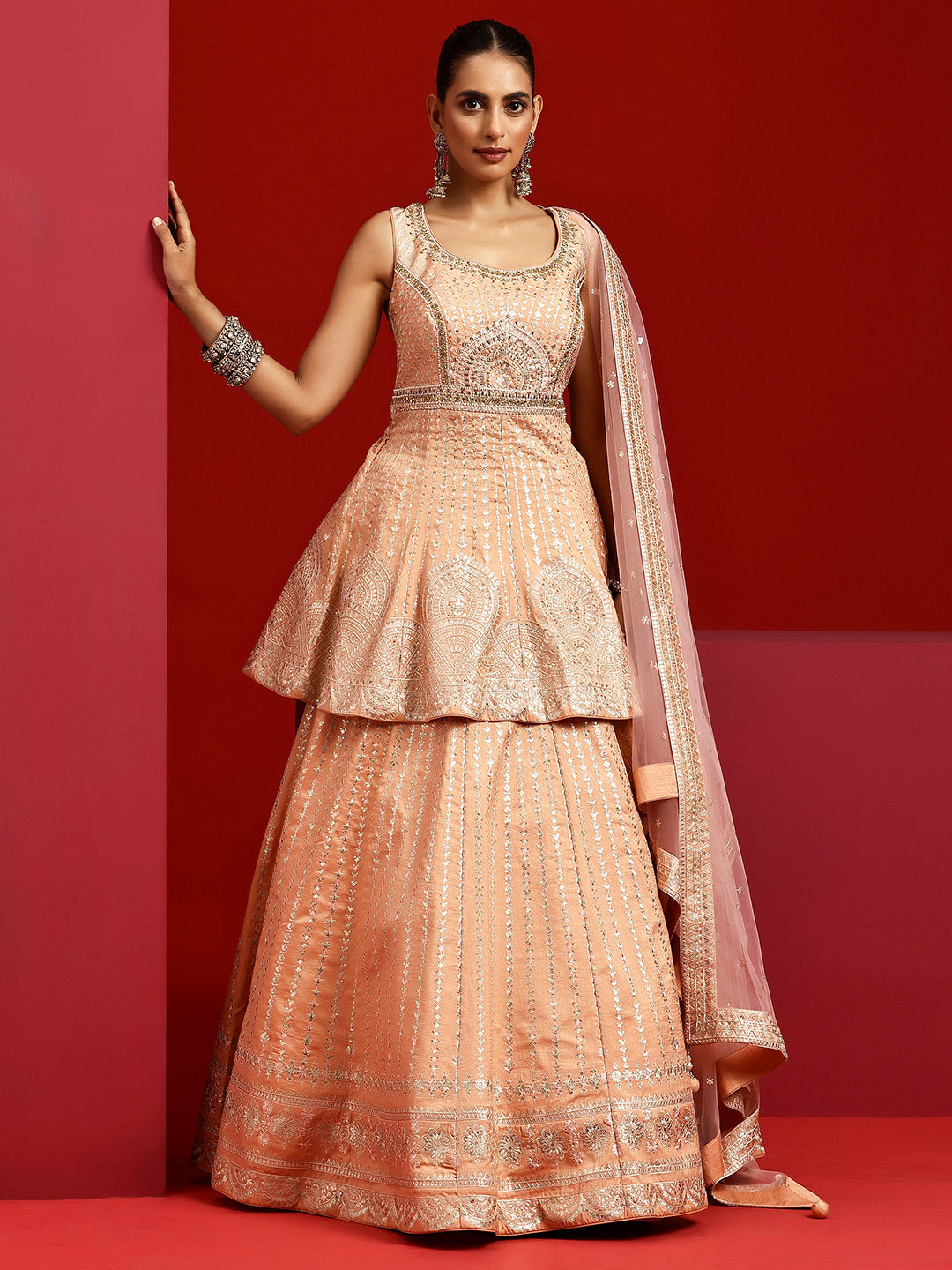 Libas Art Peach Embroidered Silk Blend Lehenga Set