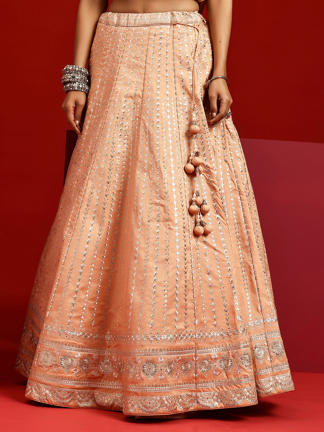 Libas Art Peach Embroidered Silk Blend Lehenga Set