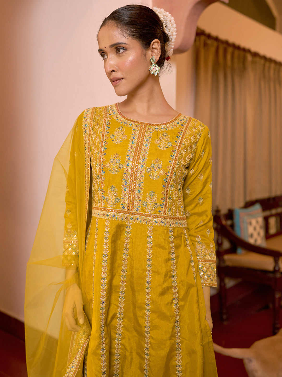 Libas Art Mustard Embroidered Silk Blend A-Line Kurta With Sharara & Dupatta